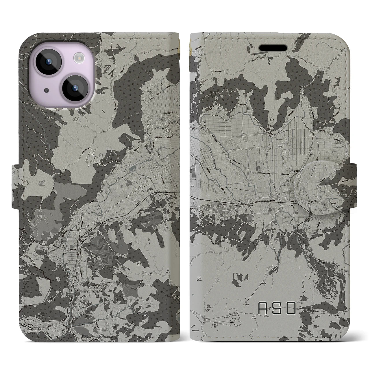 【阿蘇2(熊本県)】地図柄iPhoneケース(手帳タイプ)モノトーン・iPhone 14 用