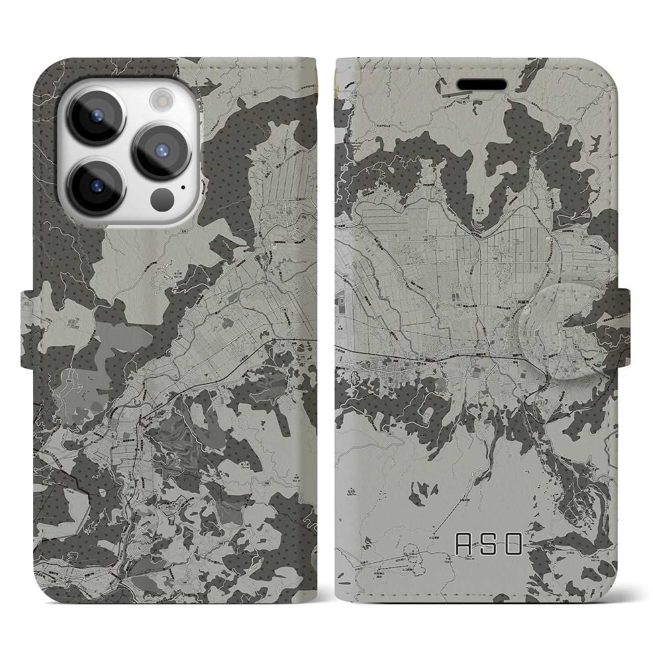 【阿蘇2(熊本県)】地図柄iPhoneケース(手帳タイプ)モノトーン・iPhone 14 Pro 用