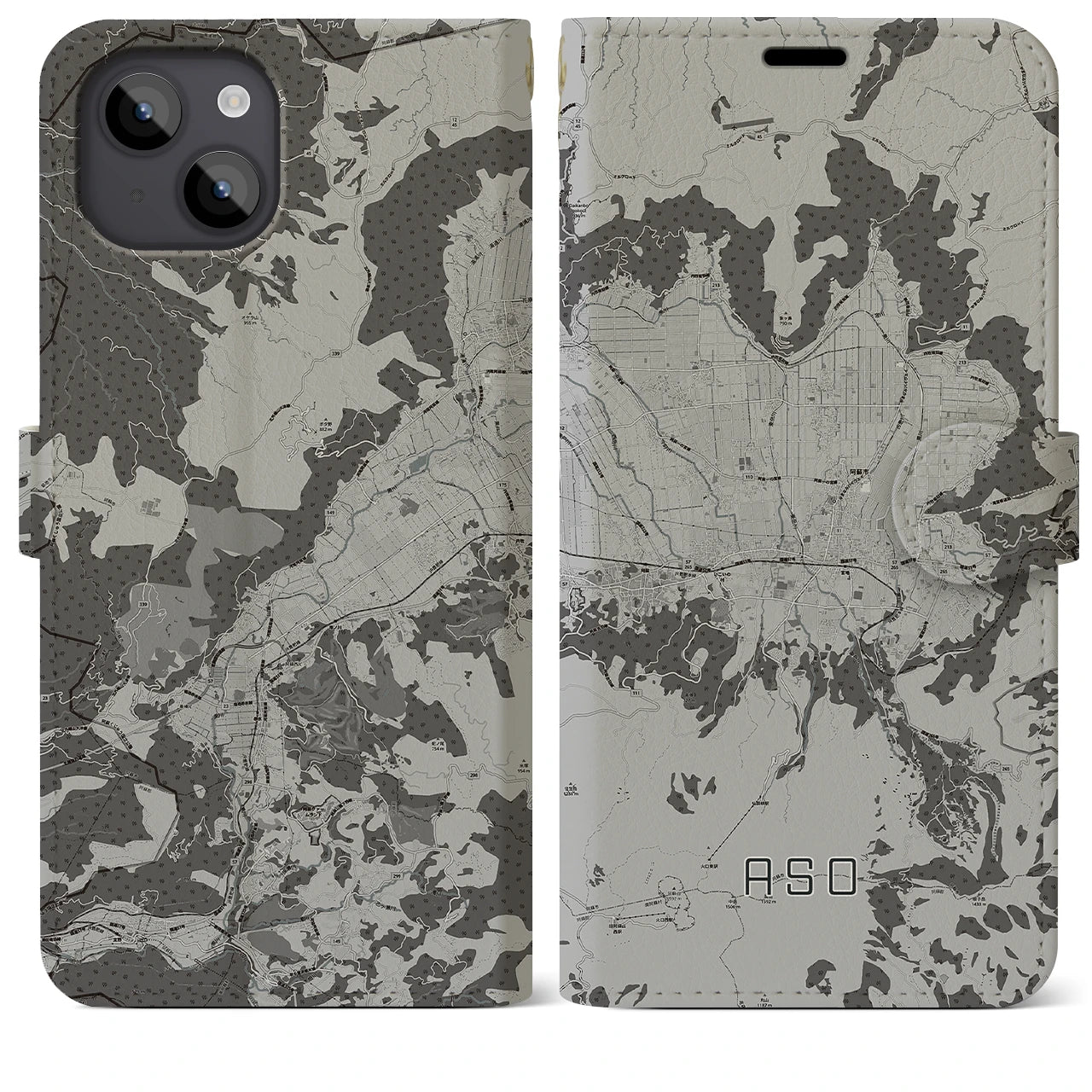 【阿蘇2(熊本県)】地図柄iPhoneケース(手帳タイプ)モノトーン・iPhone 14 Plus 用