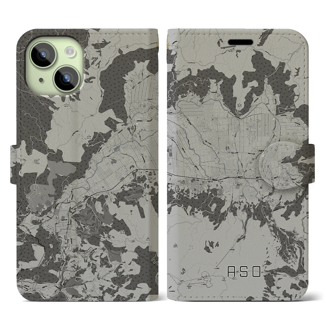 【阿蘇2(熊本県)】地図柄iPhoneケース(手帳タイプ)モノトーン・iPhone 15 用