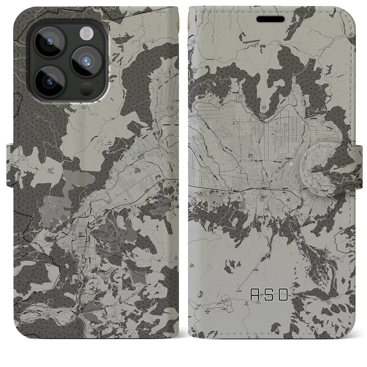 【阿蘇2(熊本県)】地図柄iPhoneケース(手帳タイプ)モノトーン・iPhone 15 Pro Max 用