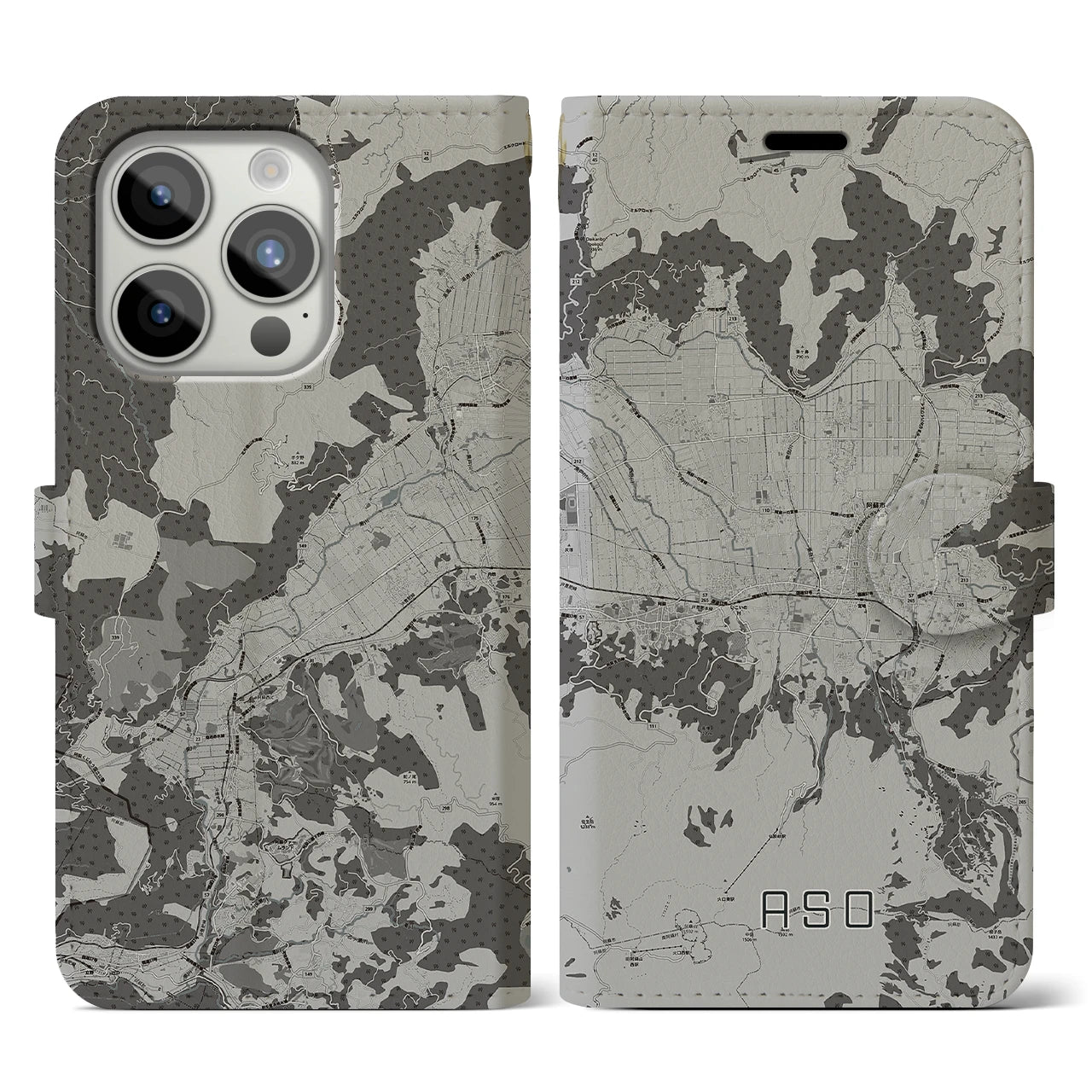 【阿蘇2(熊本県)】地図柄iPhoneケース(手帳タイプ)モノトーン・iPhone 15 Pro 用