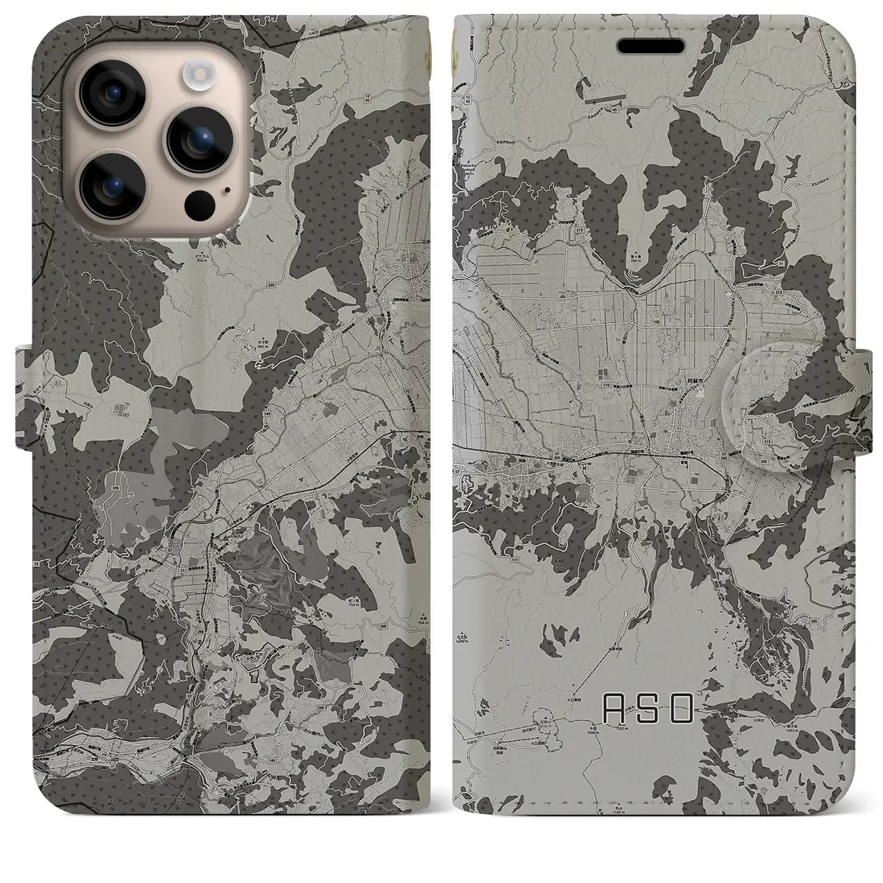 【阿蘇2(熊本県)】地図柄iPhoneケース(手帳タイプ)モノトーン・iPhone 16 Plus 用