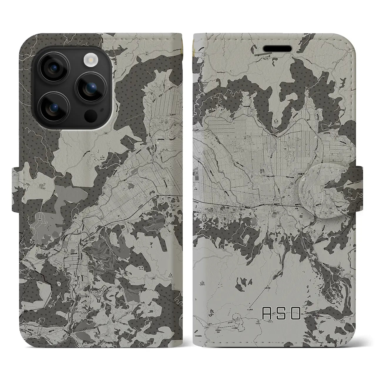 【阿蘇2(熊本県)】地図柄iPhoneケース(手帳タイプ)モノトーン・iPhone 16 用