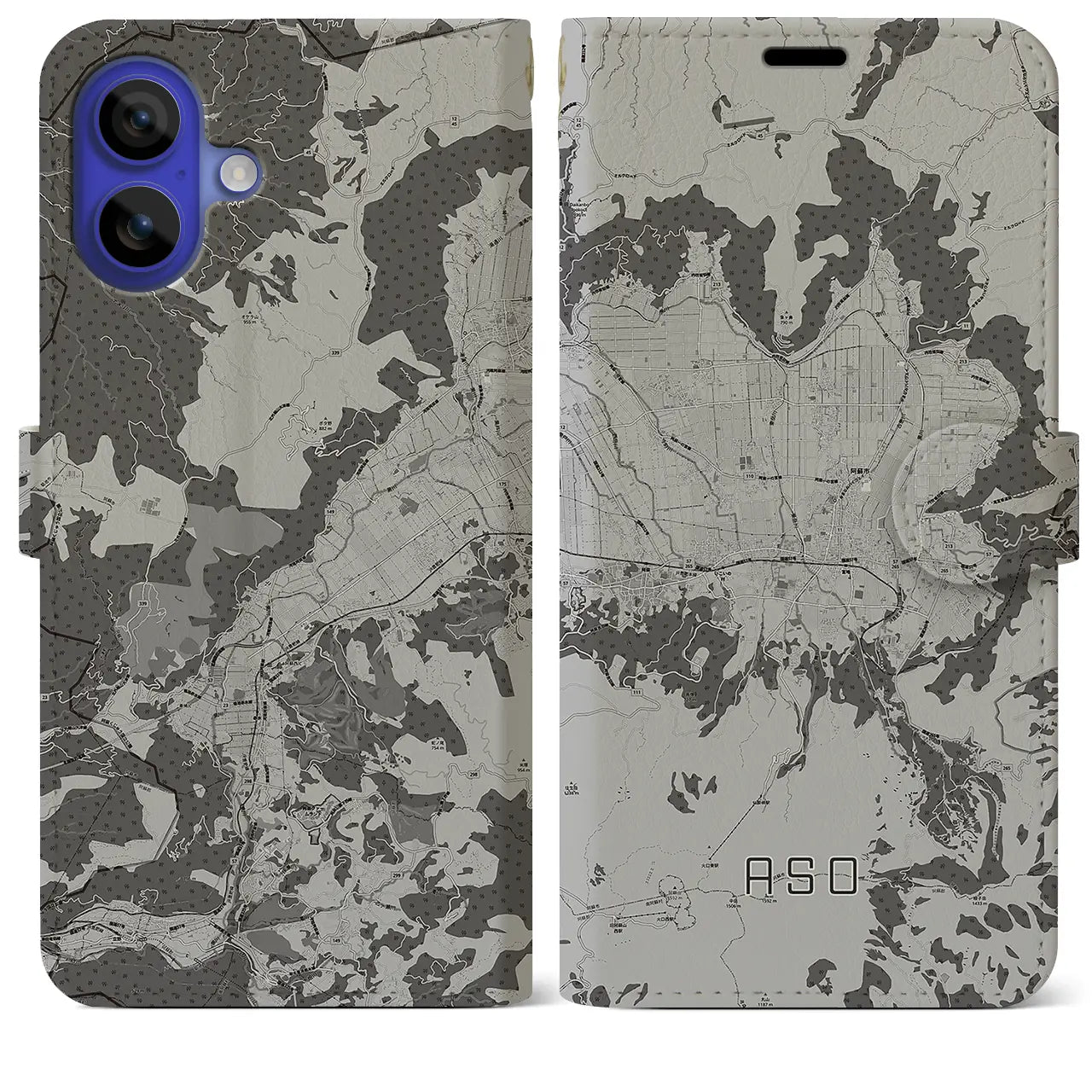 【阿蘇2(熊本県)】地図柄iPhoneケース(手帳タイプ)モノトーン・iPhone 16 Pro Max 用