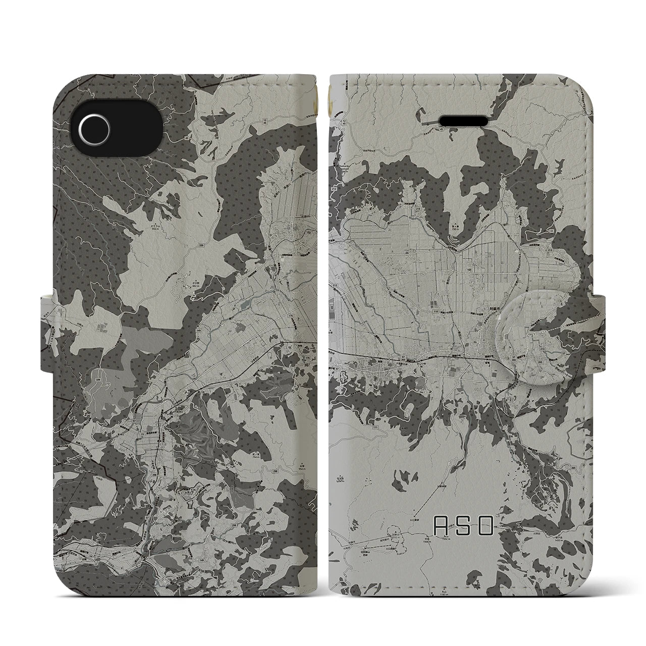 【阿蘇2(熊本県)】地図柄iPhoneケース(手帳タイプ)モノトーン・iPhone SE(第3 / 第2世代) / 8 / 7 / 6s / 6 用