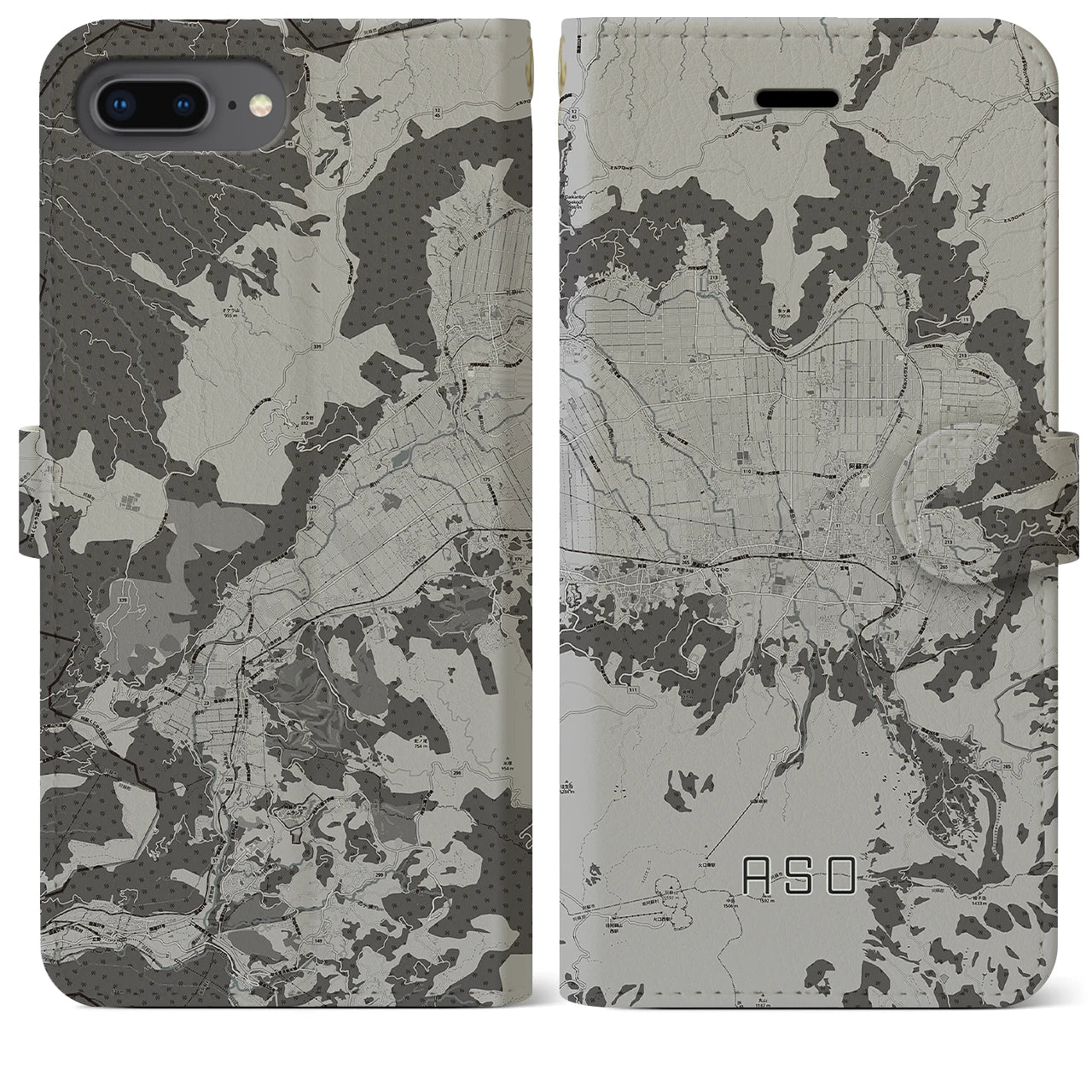【阿蘇2(熊本県)】地図柄iPhoneケース(手帳タイプ)モノトーン・iPhone 8Plus /7Plus / 6sPlus / 6Plus 用