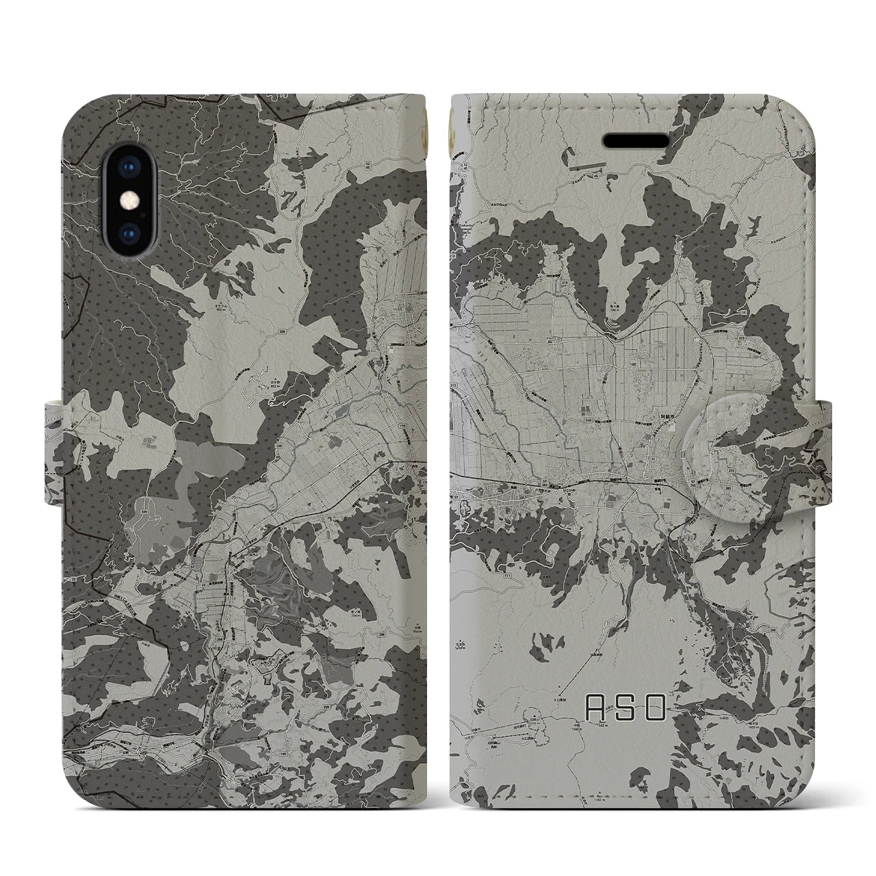 【阿蘇2(熊本県)】地図柄iPhoneケース(手帳タイプ)モノトーン・iPhone XS / X 用