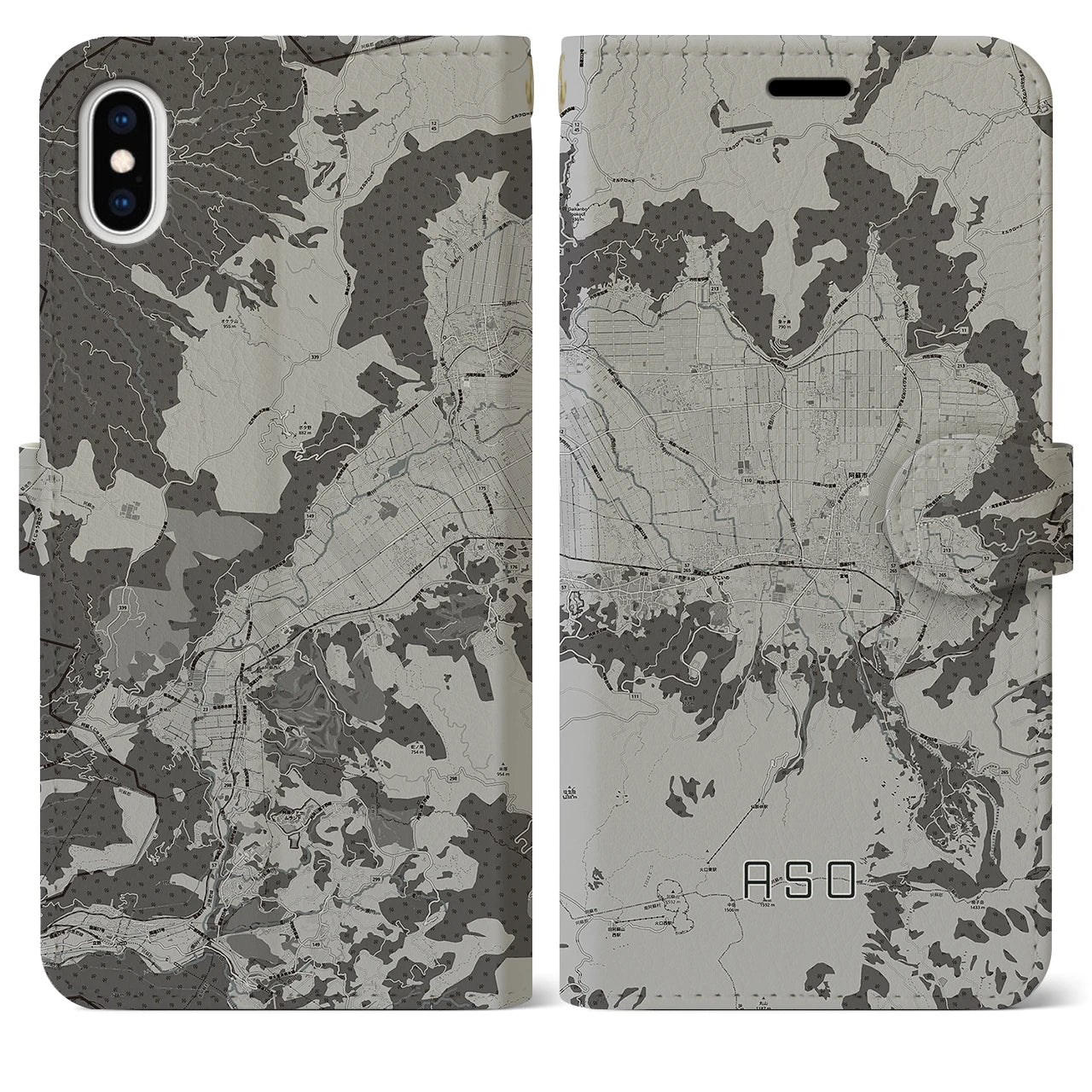 【阿蘇2(熊本県)】地図柄iPhoneケース(手帳タイプ)モノトーン・iPhone XS Max 用