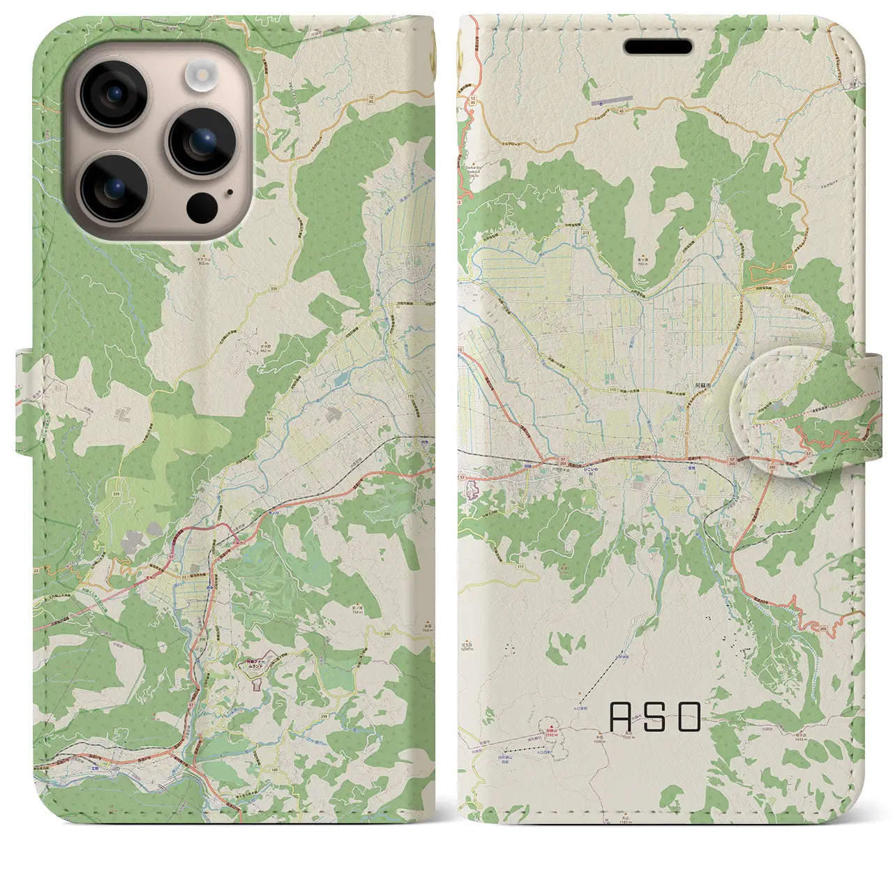 【阿蘇2(熊本県)】地図柄iPhoneケース(手帳タイプ)ナチュラル・iPhone 16 Plus 用