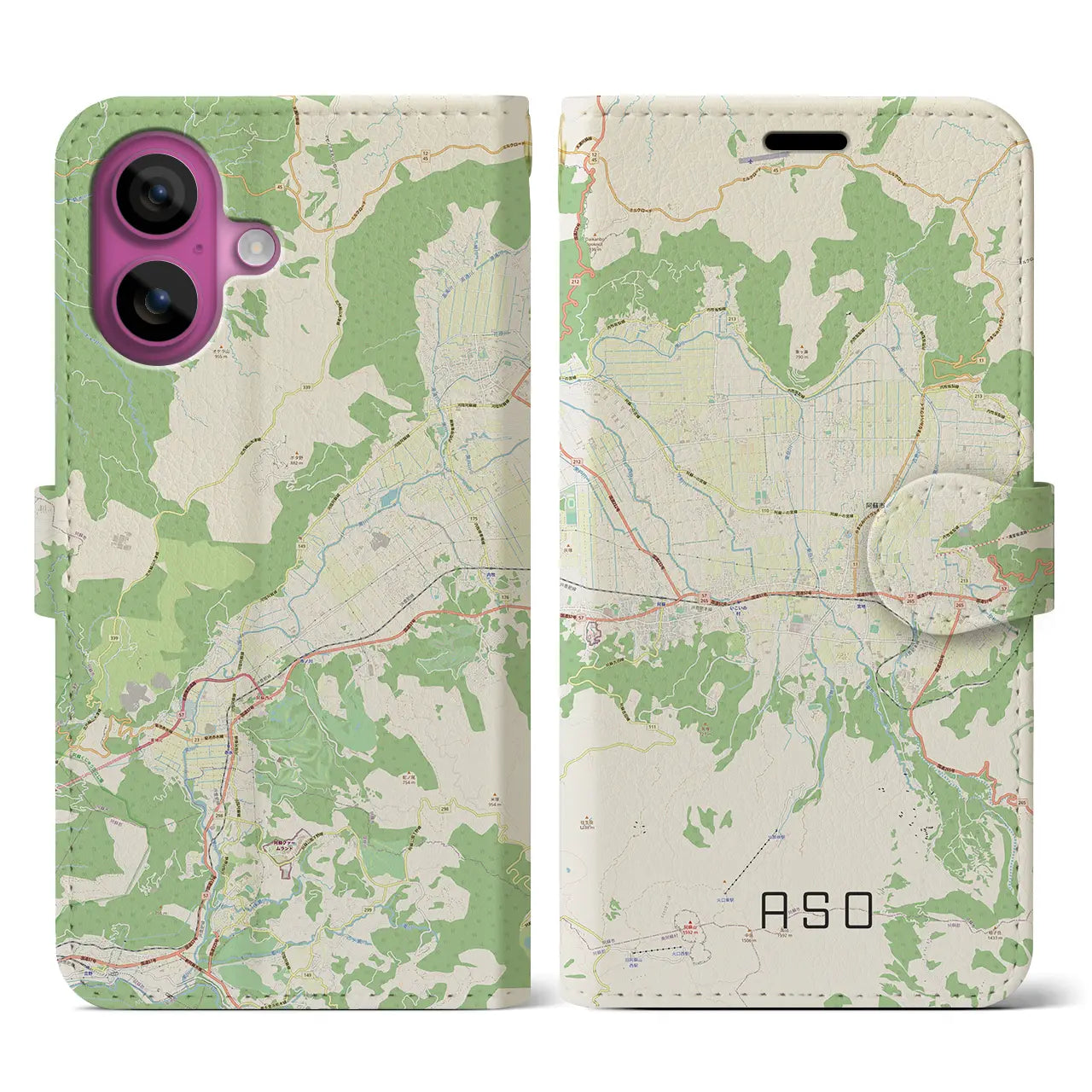 【阿蘇2(熊本県)】地図柄iPhoneケース(手帳タイプ)ナチュラル・iPhone 16 Pro 用