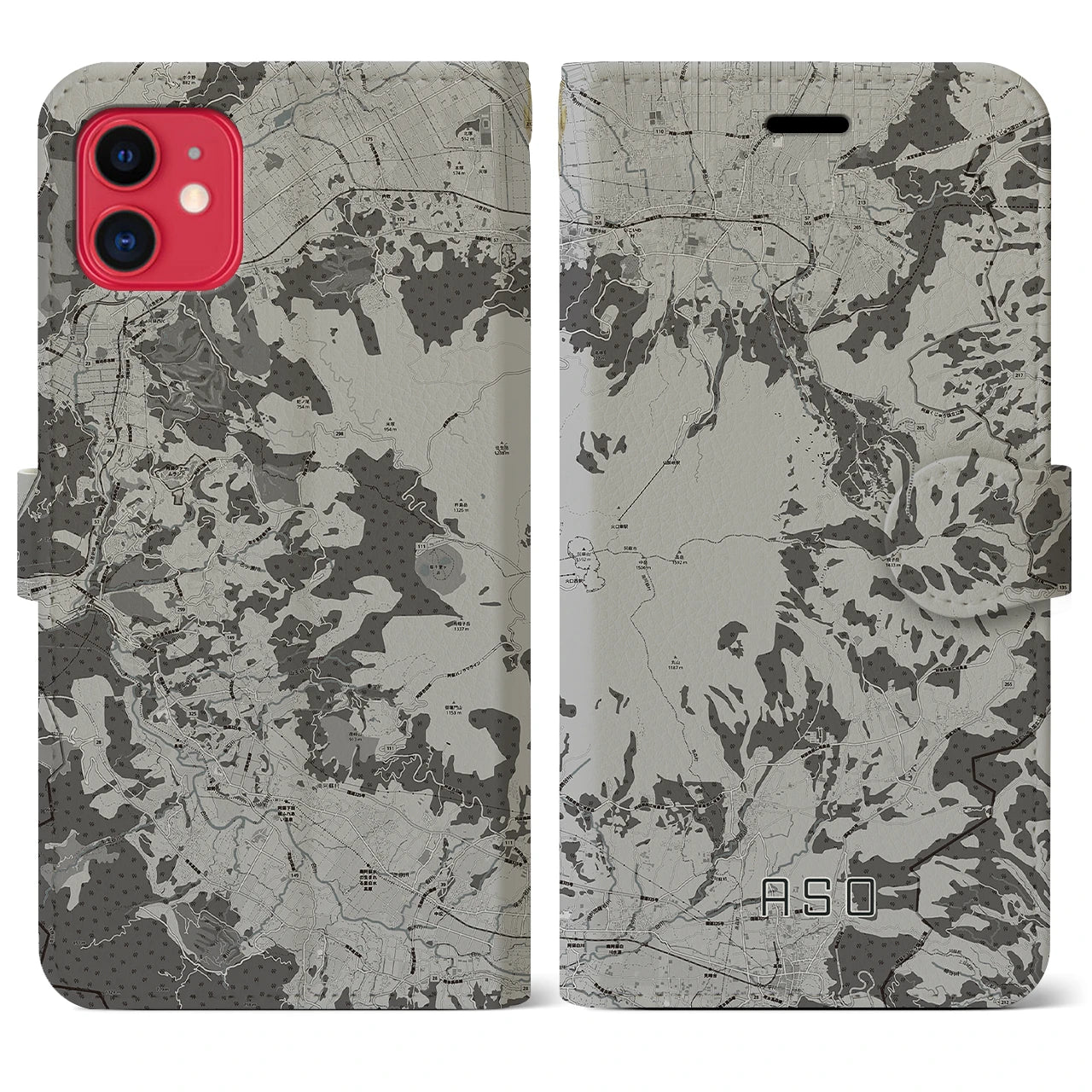 【阿蘇(熊本県)】地図柄iPhoneケース(手帳タイプ)モノトーン・iPhone 11 用