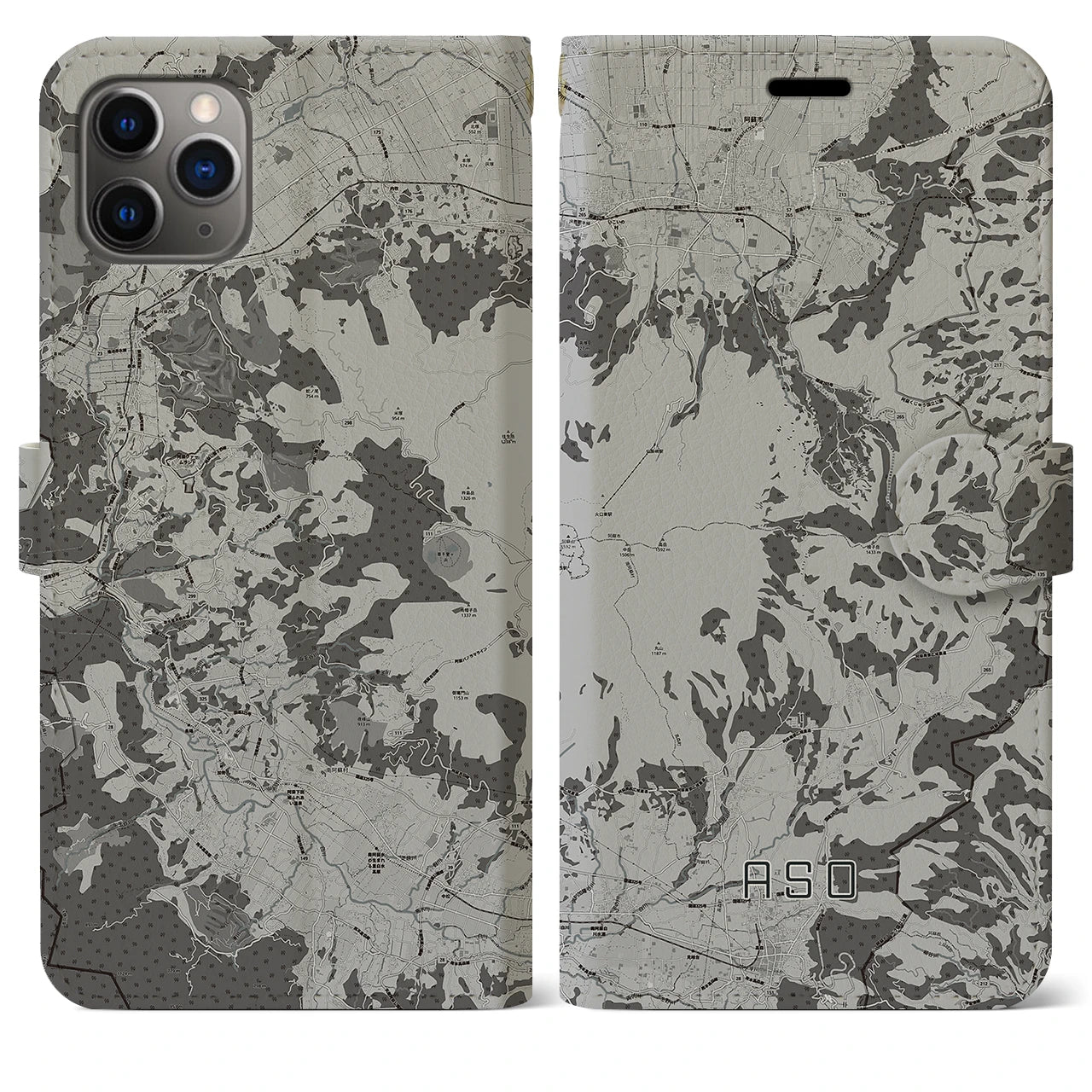 【阿蘇(熊本県)】地図柄iPhoneケース(手帳タイプ)モノトーン・iPhone 11 Pro Max 用