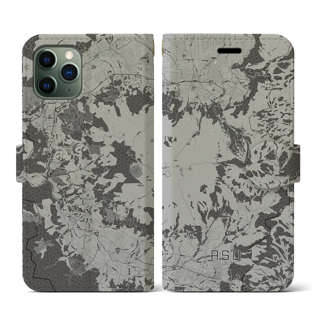 【阿蘇(熊本県)】地図柄iPhoneケース(手帳タイプ)モノトーン・iPhone 11 Pro 用