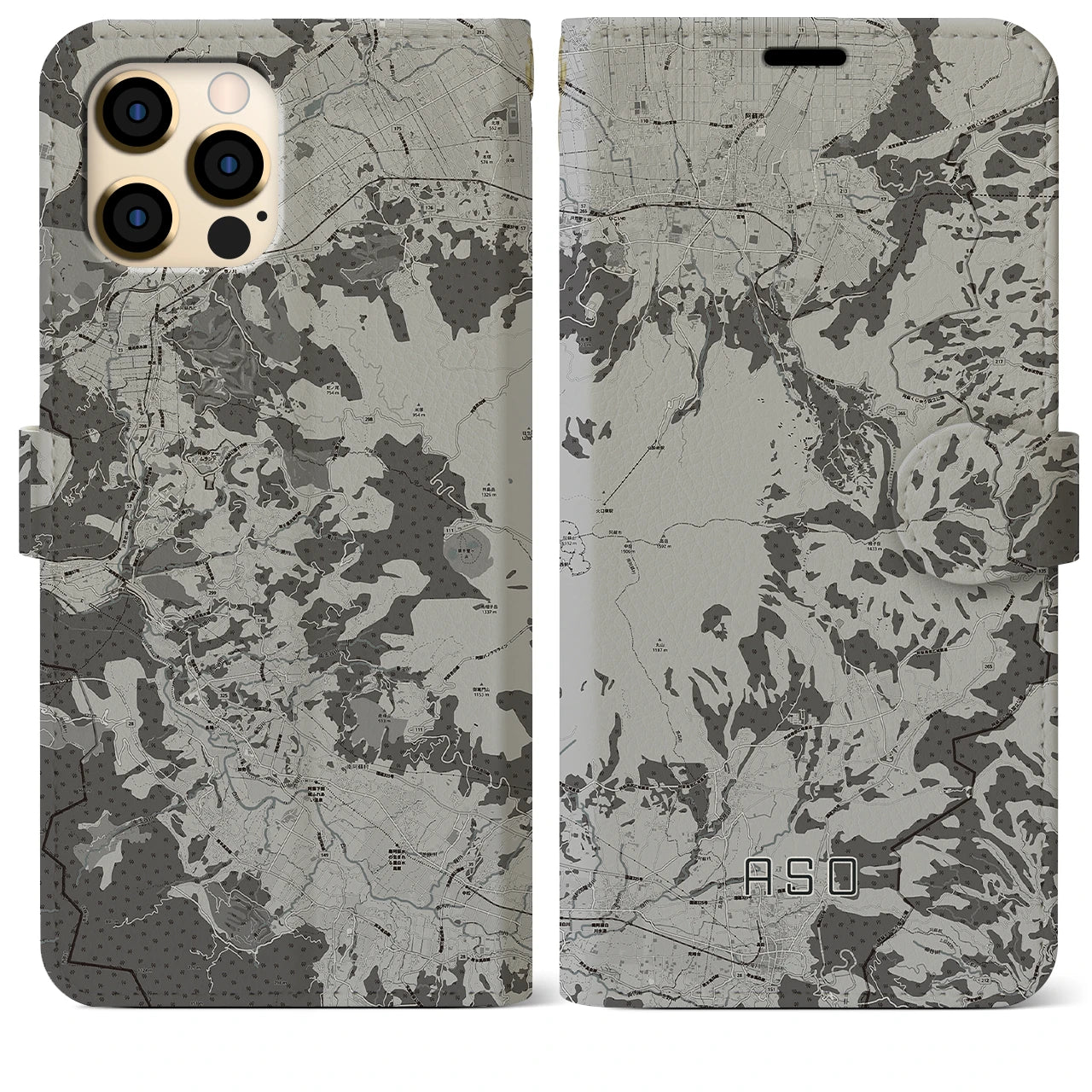 【阿蘇(熊本県)】地図柄iPhoneケース(手帳タイプ)モノトーン・iPhone 12 Pro Max 用