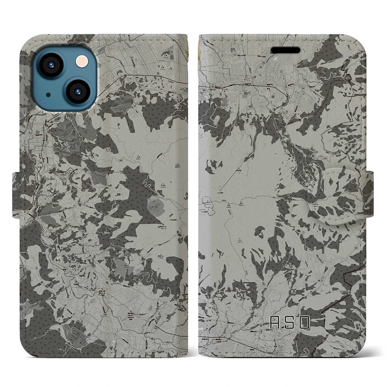 【阿蘇(熊本県)】地図柄iPhoneケース(手帳タイプ)モノトーン・iPhone 13 用