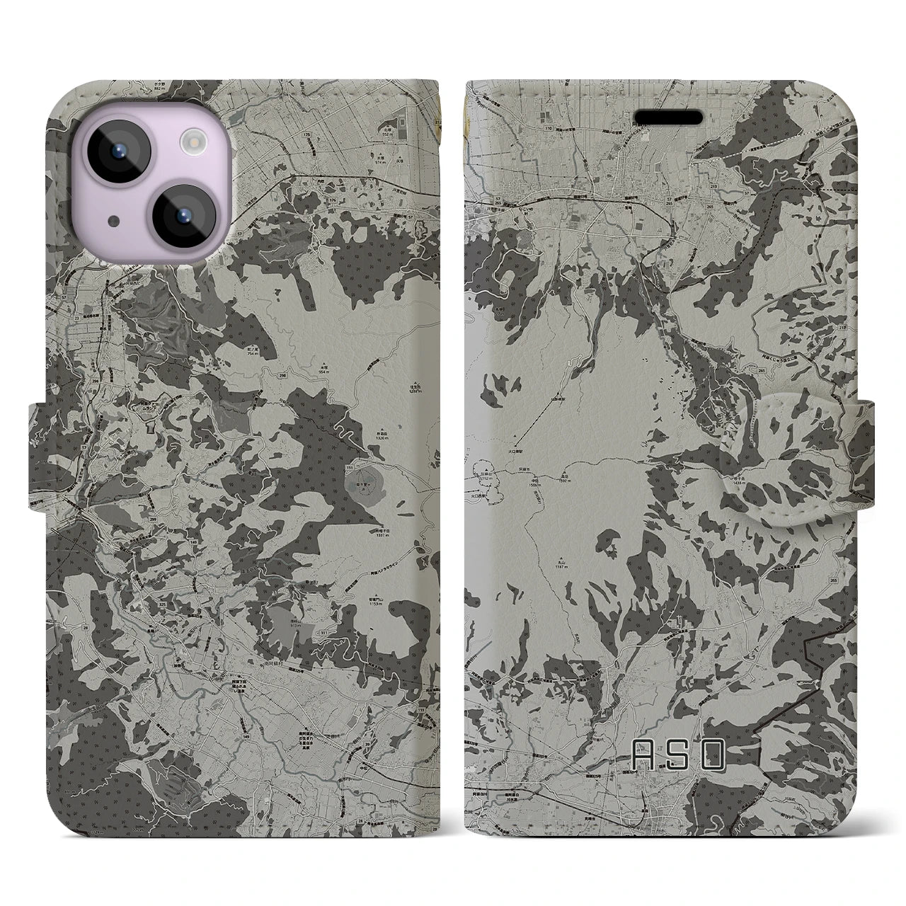 【阿蘇(熊本県)】地図柄iPhoneケース(手帳タイプ)モノトーン・iPhone 14 用