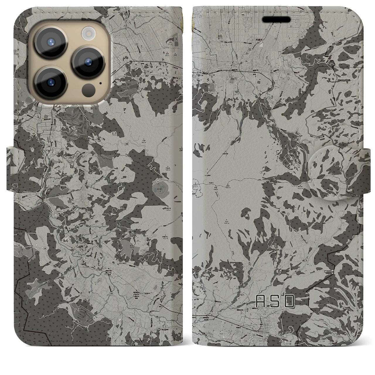 【阿蘇(熊本県)】地図柄iPhoneケース(手帳タイプ)モノトーン・iPhone 14 Pro Max 用