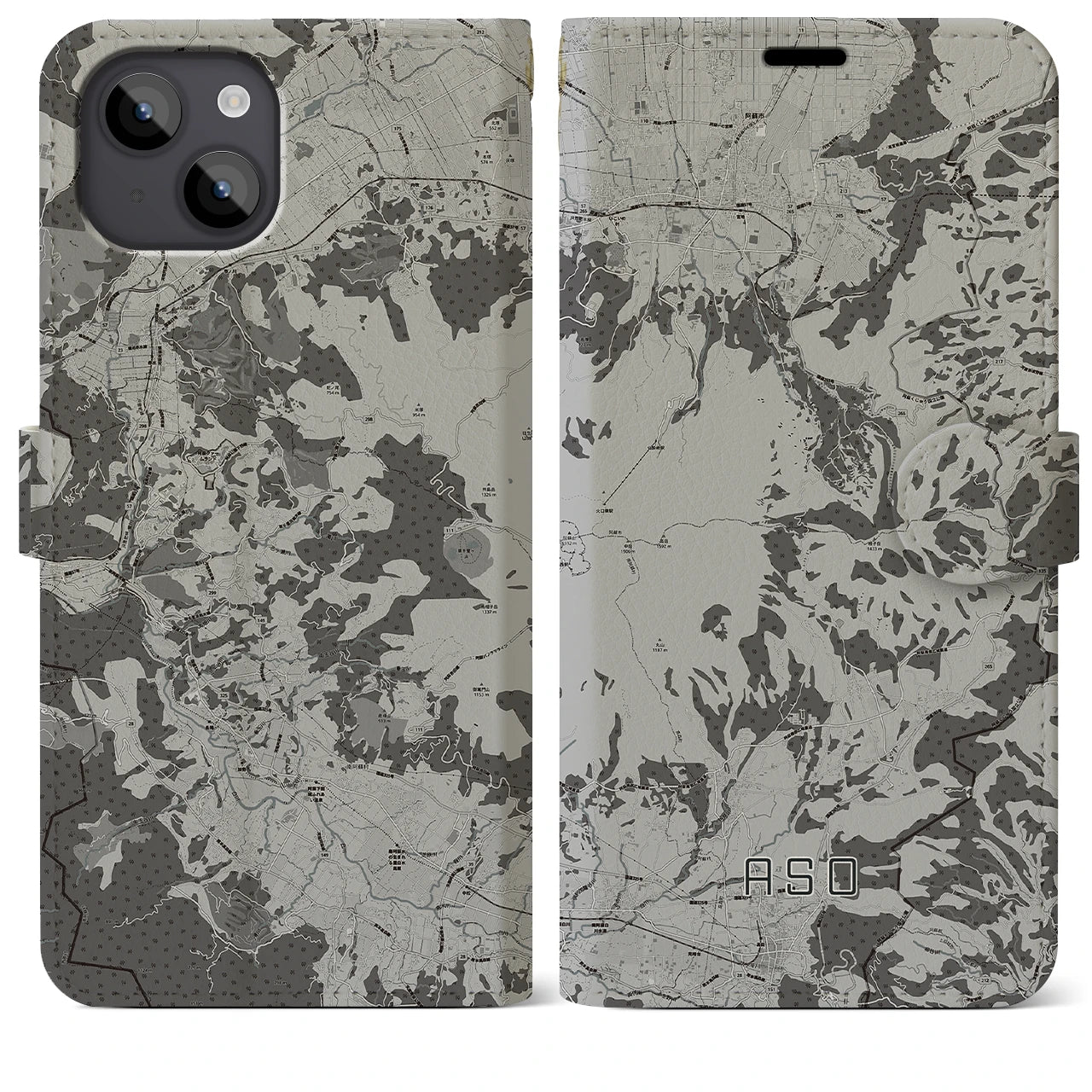 【阿蘇(熊本県)】地図柄iPhoneケース(手帳タイプ)モノトーン・iPhone 14 Plus 用