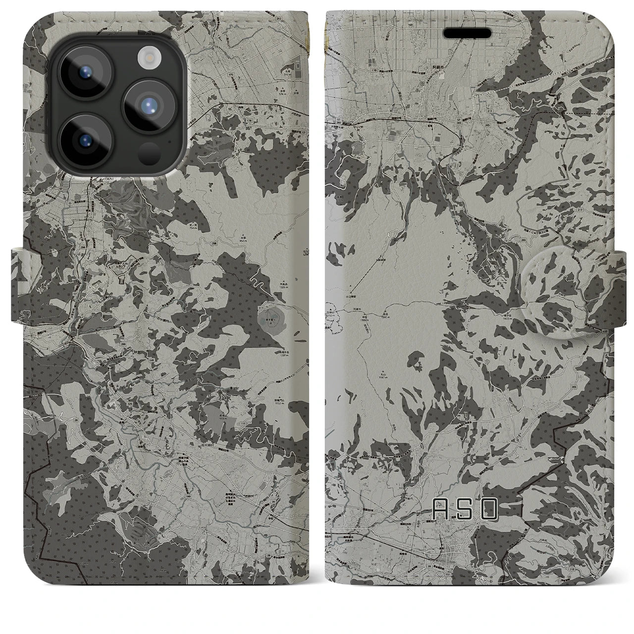 【阿蘇(熊本県)】地図柄iPhoneケース(手帳タイプ)モノトーン・iPhone 15 Pro Max 用