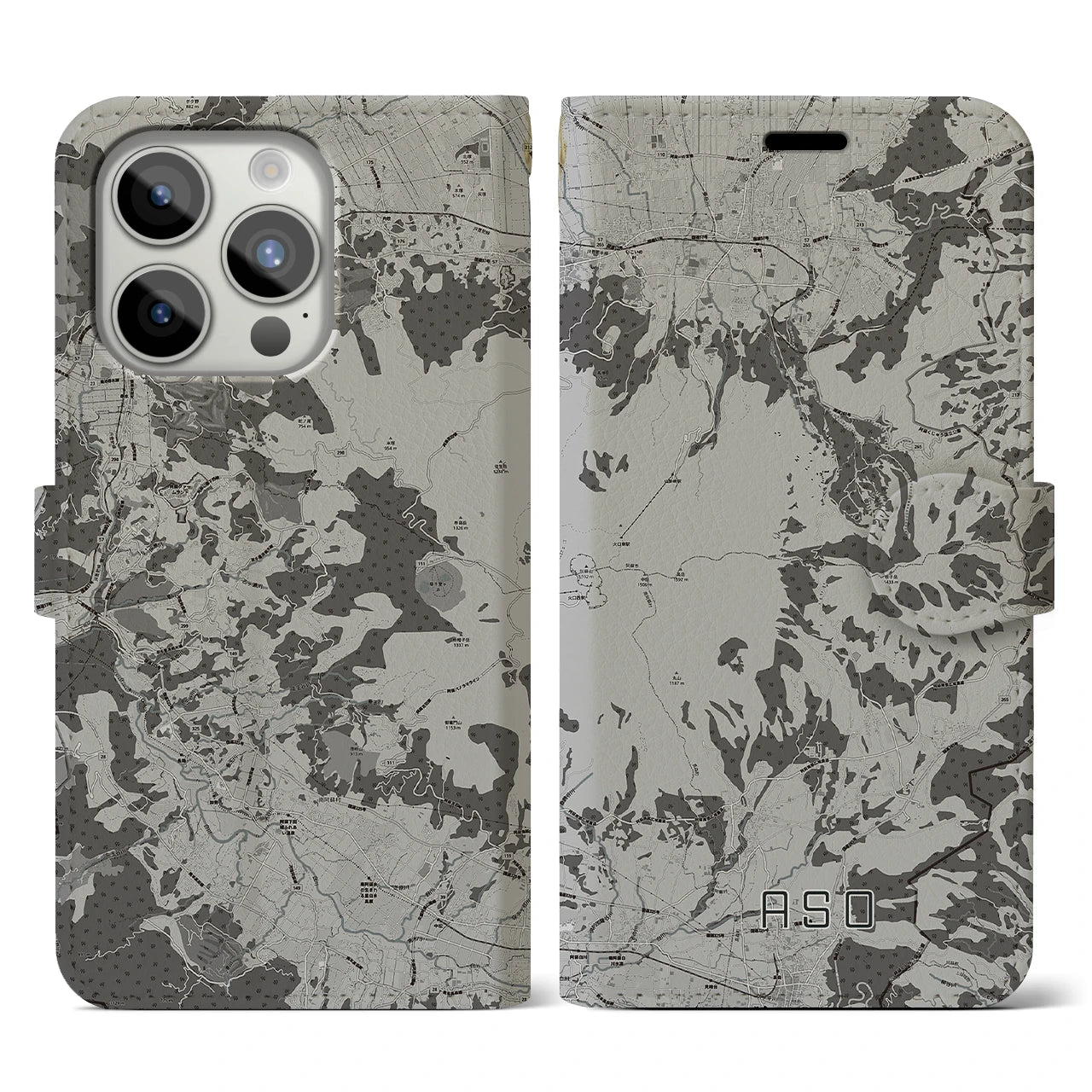 【阿蘇(熊本県)】地図柄iPhoneケース(手帳タイプ)モノトーン・iPhone 15 Pro 用