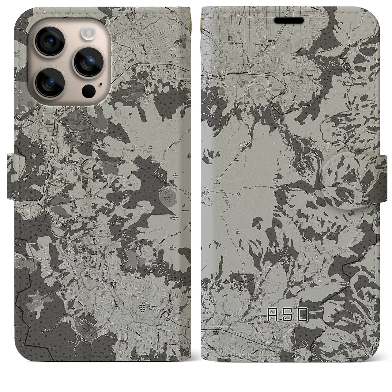 【阿蘇(熊本県)】地図柄iPhoneケース(手帳タイプ)モノトーン・iPhone 16 Plus 用