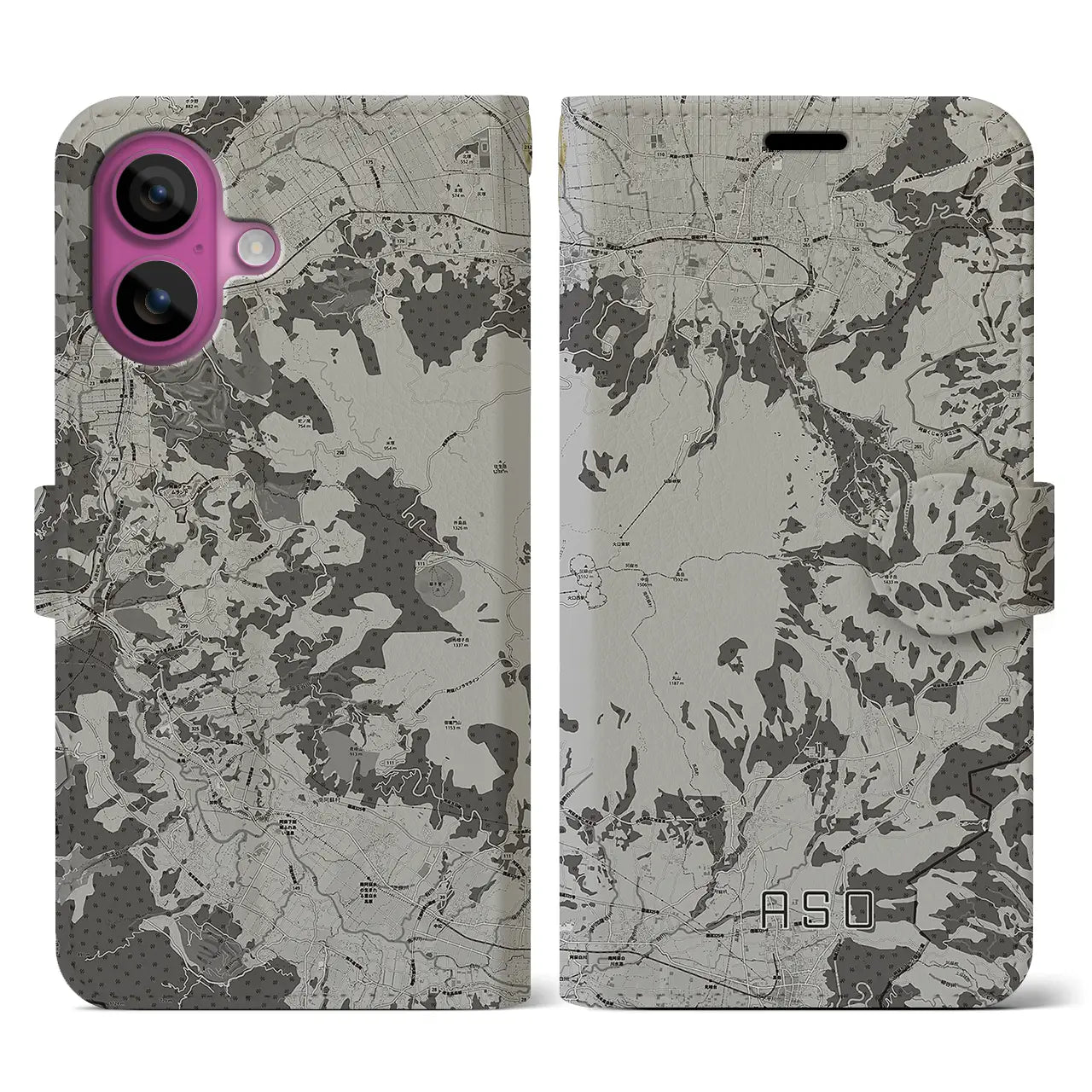 【阿蘇(熊本県)】地図柄iPhoneケース(手帳タイプ)モノトーン・iPhone 16 Pro 用