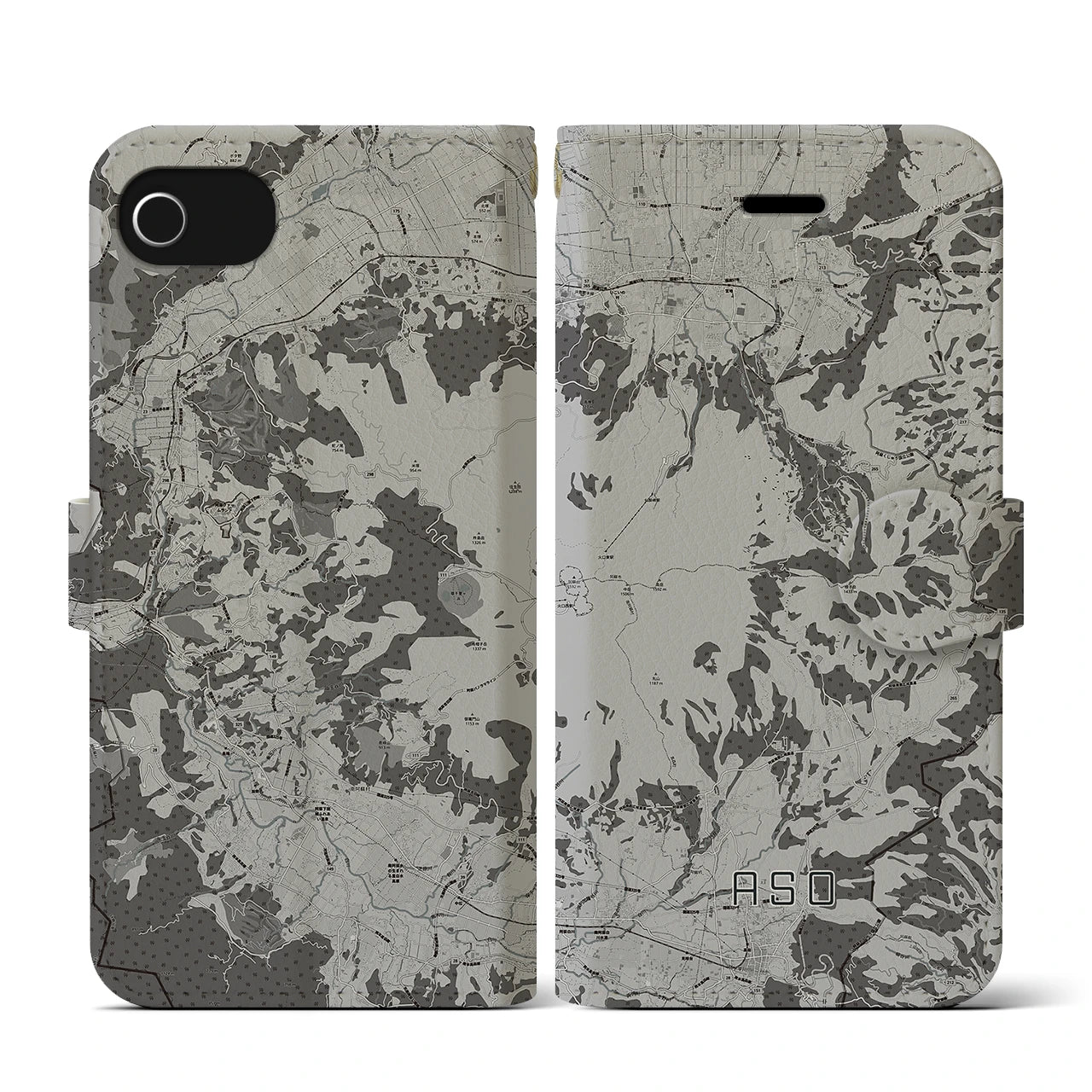 【阿蘇(熊本県)】地図柄iPhoneケース(手帳タイプ)モノトーン・iPhone SE(第3 / 第2世代) / 8 / 7 / 6s / 6 用