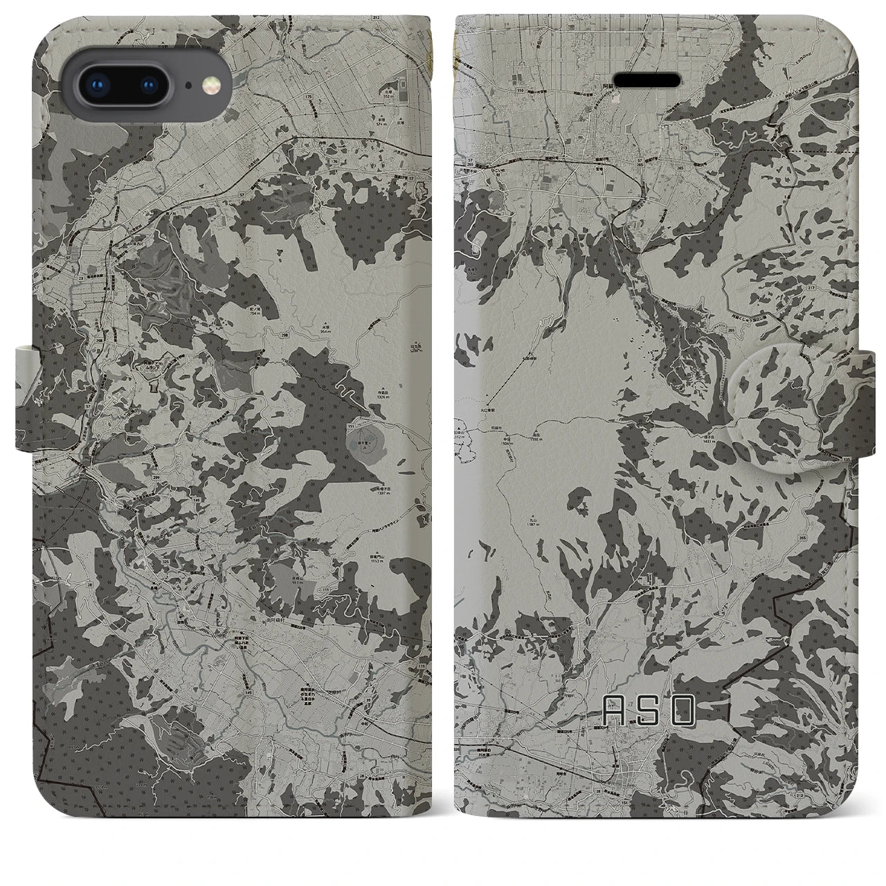 【阿蘇(熊本県)】地図柄iPhoneケース(手帳タイプ)モノトーン・iPhone 8Plus /7Plus / 6sPlus / 6Plus 用