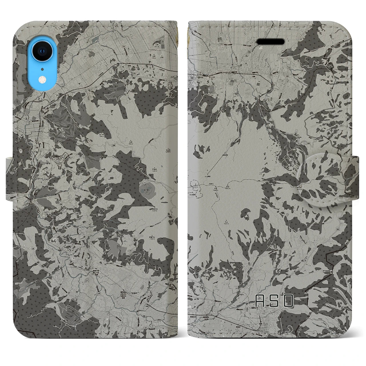 【阿蘇(熊本県)】地図柄iPhoneケース(手帳タイプ)モノトーン・iPhone XR 用