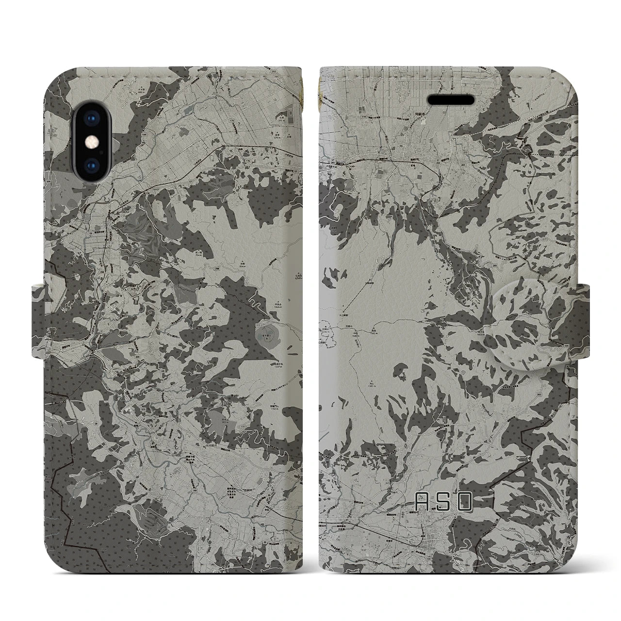【阿蘇(熊本県)】地図柄iPhoneケース(手帳タイプ)モノトーン・iPhone XS / X 用