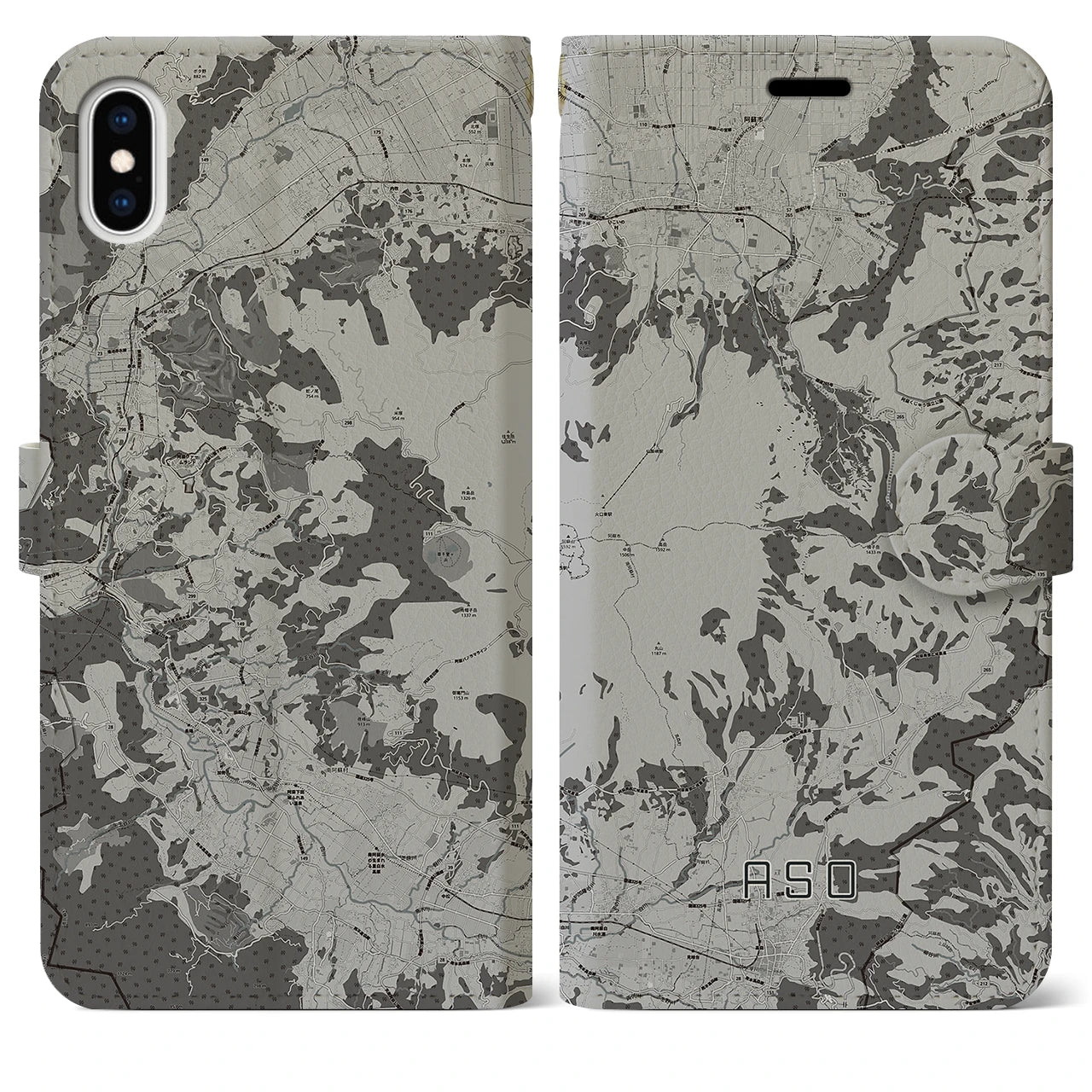 【阿蘇(熊本県)】地図柄iPhoneケース(手帳タイプ)モノトーン・iPhone XS Max 用