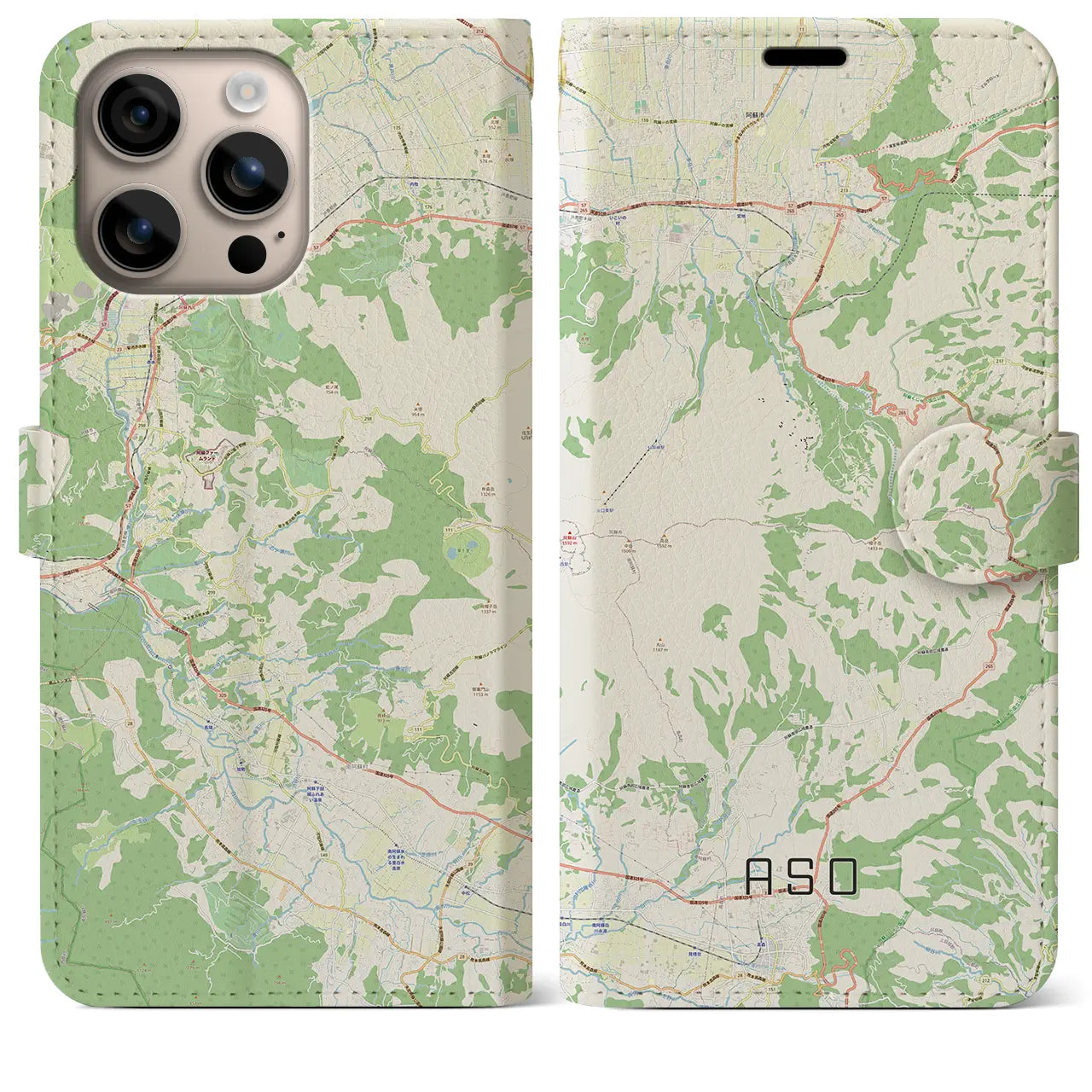 【阿蘇(熊本県)】地図柄iPhoneケース(手帳タイプ)ナチュラル・iPhone 16 Plus 用