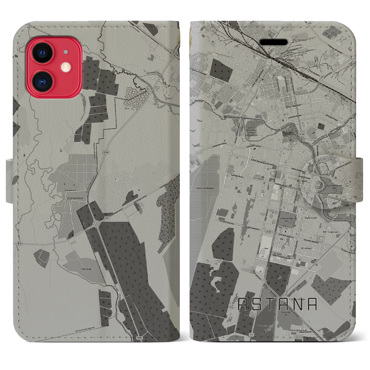 【アスタナ(カザフスタン)】地図柄iPhoneケース(手帳タイプ)モノトーン・iPhone 11 用