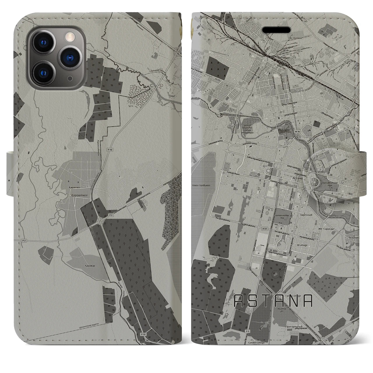 【アスタナ(カザフスタン)】地図柄iPhoneケース(手帳タイプ)モノトーン・iPhone 11 Pro Max 用