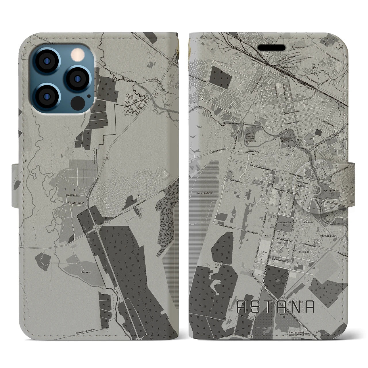 【アスタナ(カザフスタン)】地図柄iPhoneケース(手帳タイプ)モノトーン・iPhone 12 / 12 Pro 用