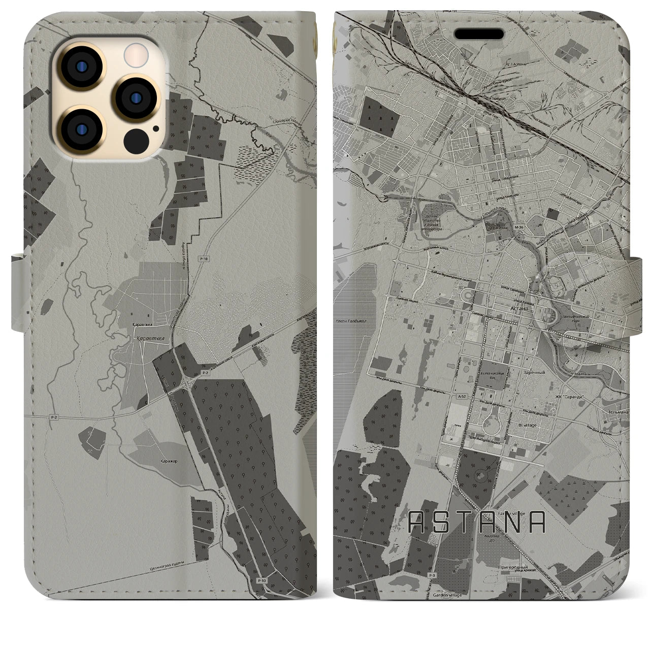 【アスタナ(カザフスタン)】地図柄iPhoneケース(手帳タイプ)モノトーン・iPhone 12 Pro Max 用