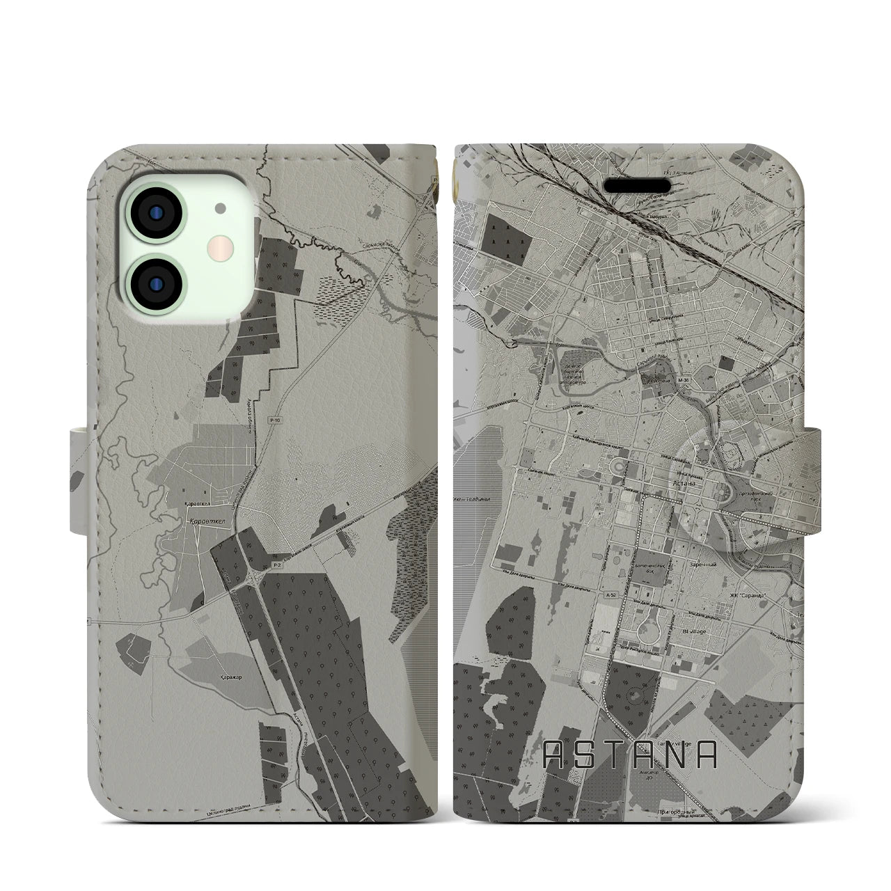 【アスタナ(カザフスタン)】地図柄iPhoneケース(手帳タイプ)モノトーン・iPhone 12 mini 用
