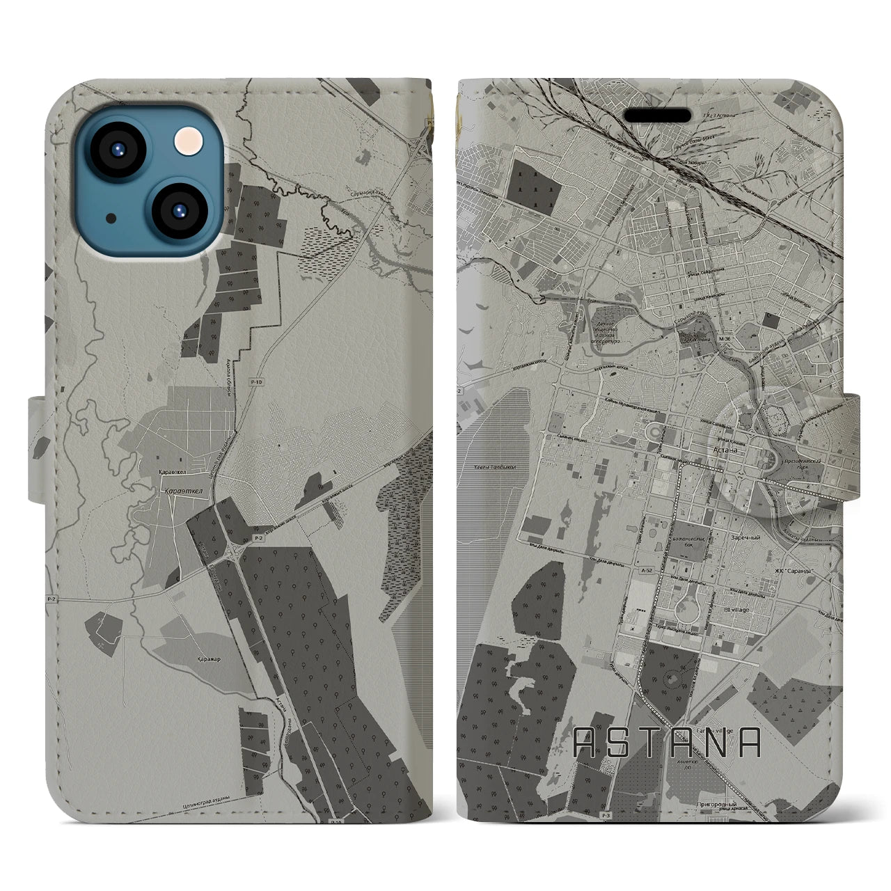 【アスタナ(カザフスタン)】地図柄iPhoneケース(手帳タイプ)モノトーン・iPhone 13 用