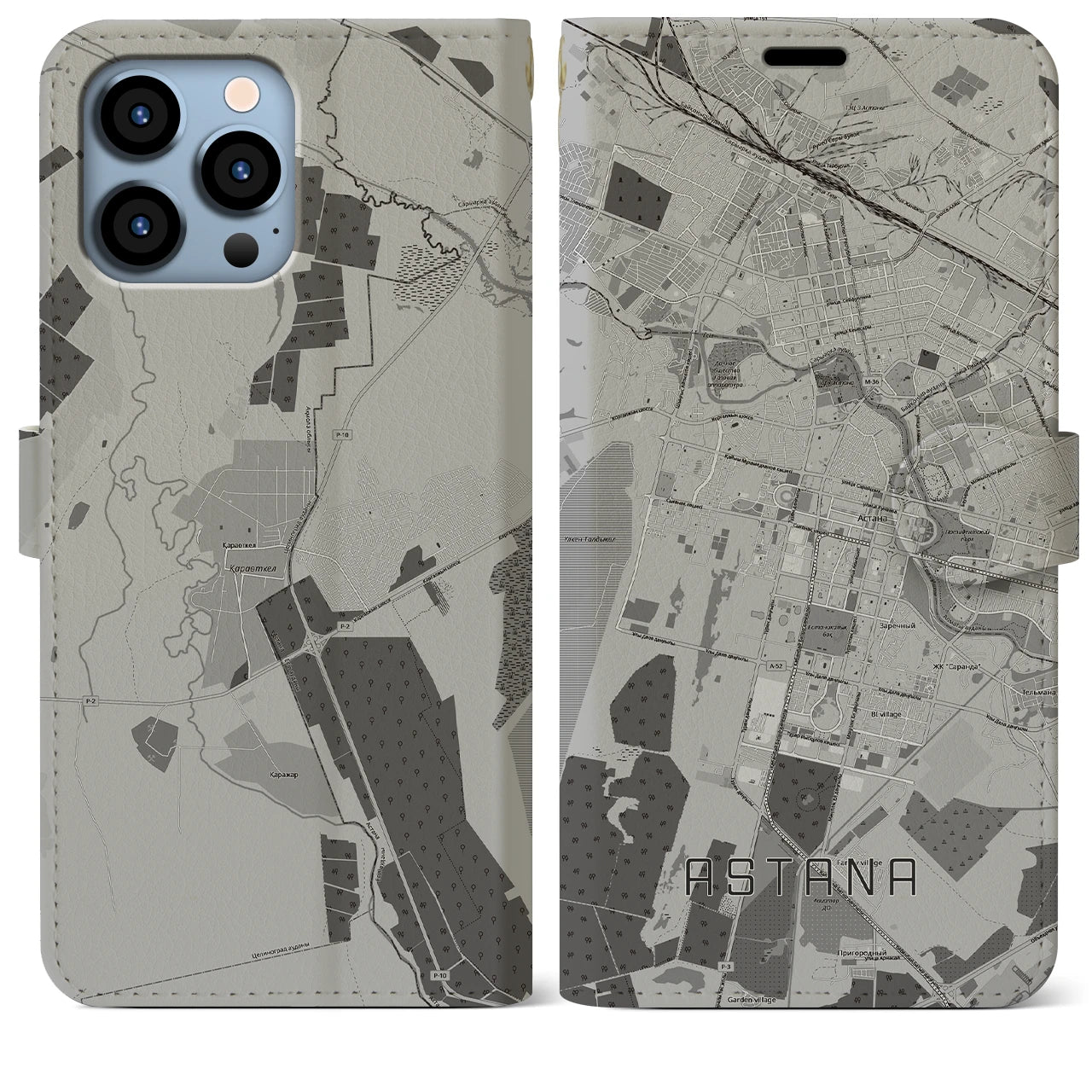 【アスタナ(カザフスタン)】地図柄iPhoneケース(手帳タイプ)モノトーン・iPhone 13 Pro Max 用