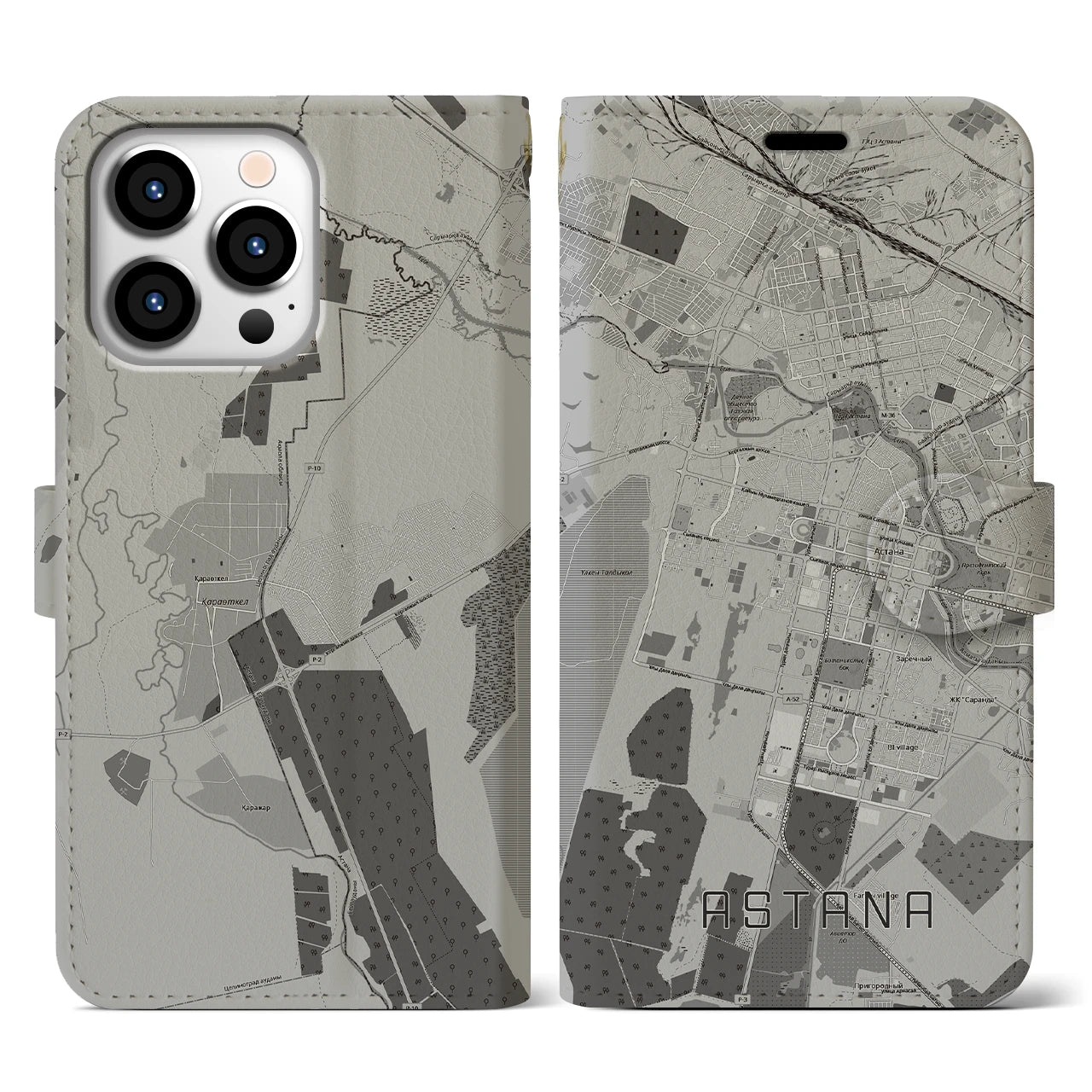 【アスタナ(カザフスタン)】地図柄iPhoneケース(手帳タイプ)モノトーン・iPhone 13 Pro 用