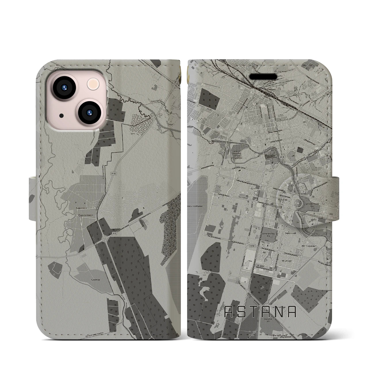 【アスタナ(カザフスタン)】地図柄iPhoneケース(手帳タイプ)モノトーン・iPhone 13 mini 用