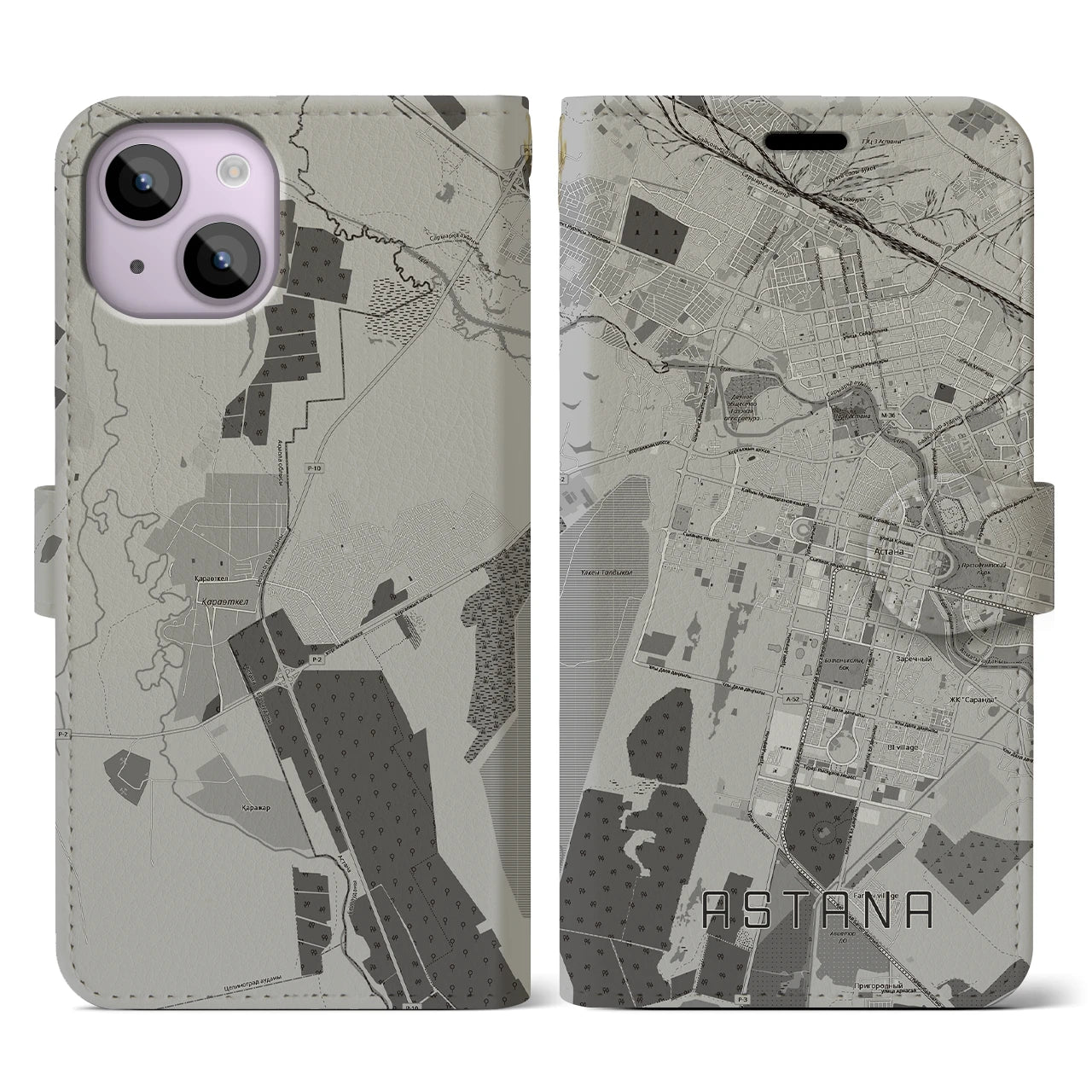 【アスタナ(カザフスタン)】地図柄iPhoneケース(手帳タイプ)モノトーン・iPhone 14 用