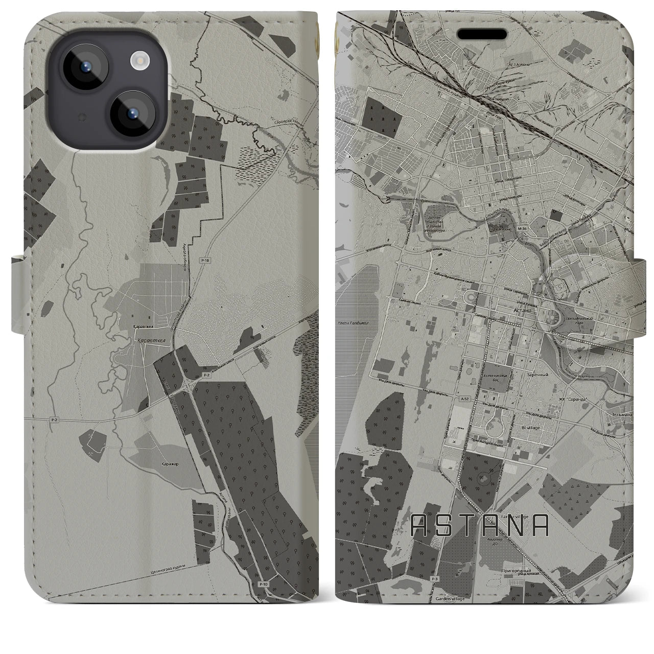 【アスタナ(カザフスタン)】地図柄iPhoneケース(手帳タイプ)モノトーン・iPhone 14 Plus 用