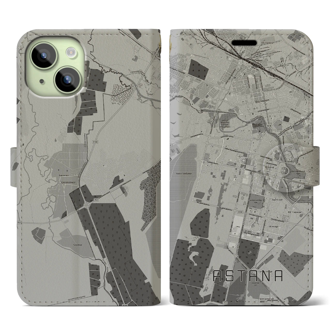 【アスタナ(カザフスタン)】地図柄iPhoneケース(手帳タイプ)モノトーン・iPhone 15 用