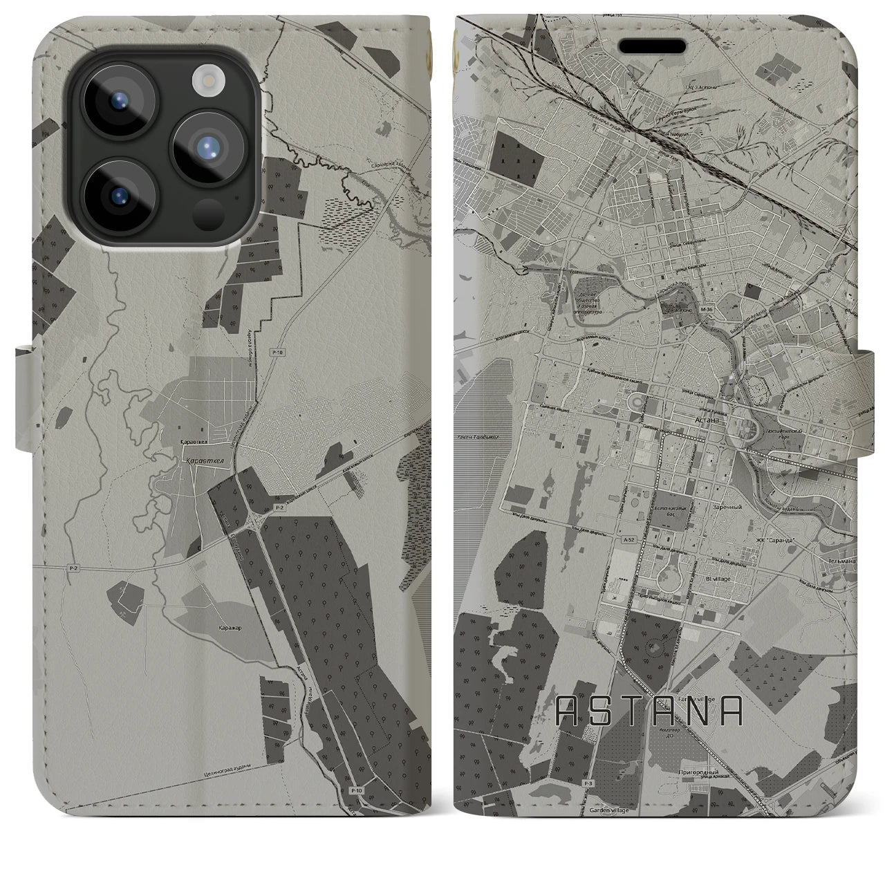 【アスタナ(カザフスタン)】地図柄iPhoneケース(手帳タイプ)モノトーン・iPhone 15 Pro Max 用