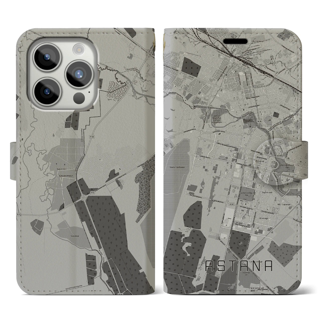 【アスタナ(カザフスタン)】地図柄iPhoneケース(手帳タイプ)モノトーン・iPhone 15 Pro 用