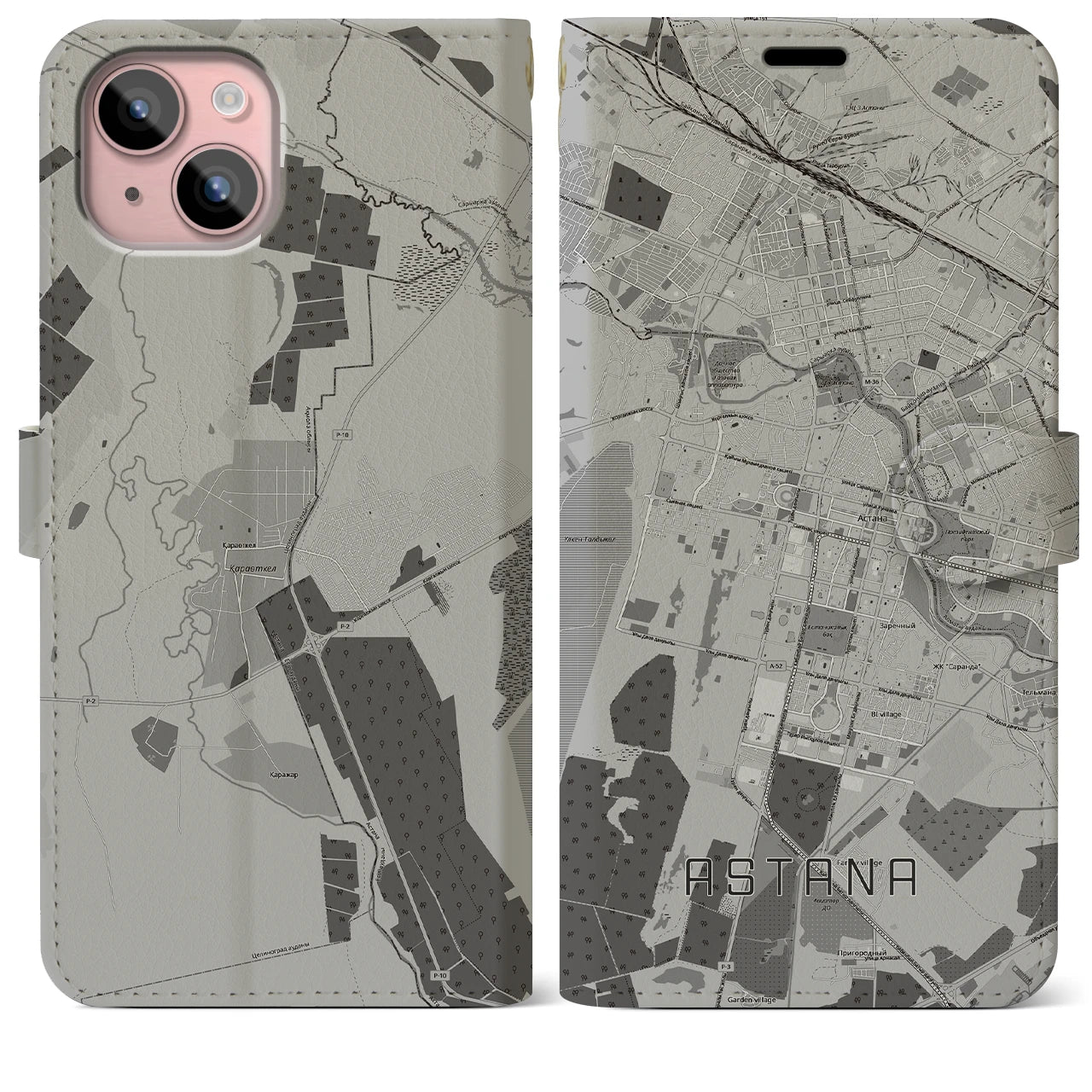 【アスタナ(カザフスタン)】地図柄iPhoneケース(手帳タイプ)モノトーン・iPhone 15 Plus 用