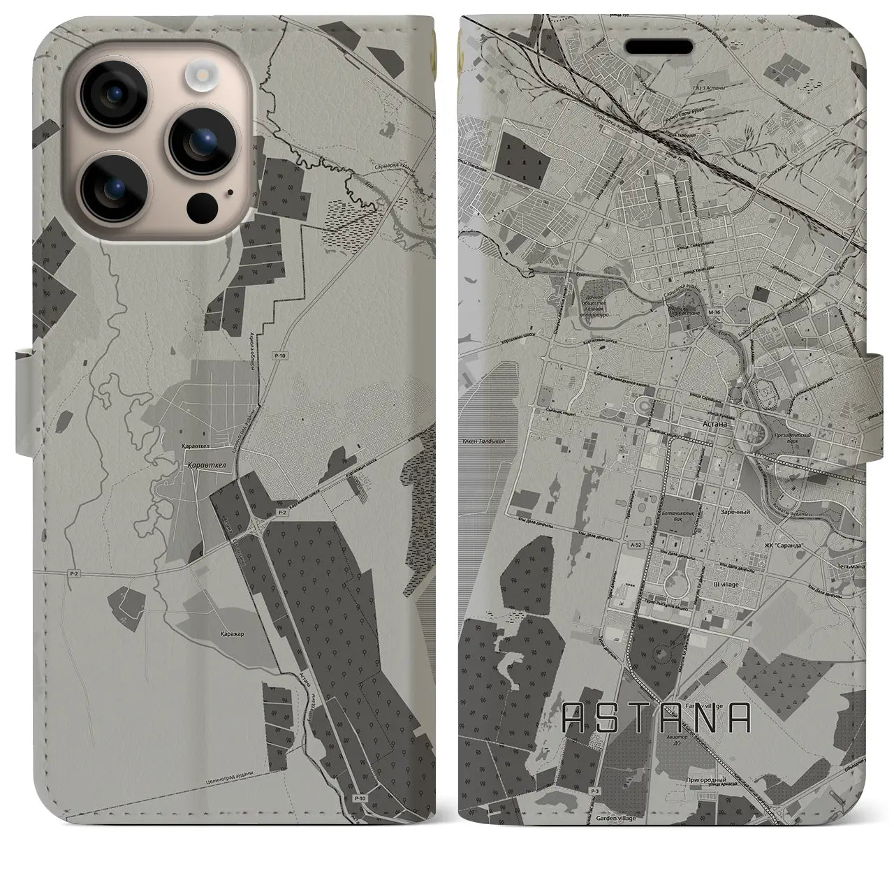 【アスタナ(カザフスタン)】地図柄iPhoneケース(手帳タイプ)モノトーン・iPhone 16 Plus 用