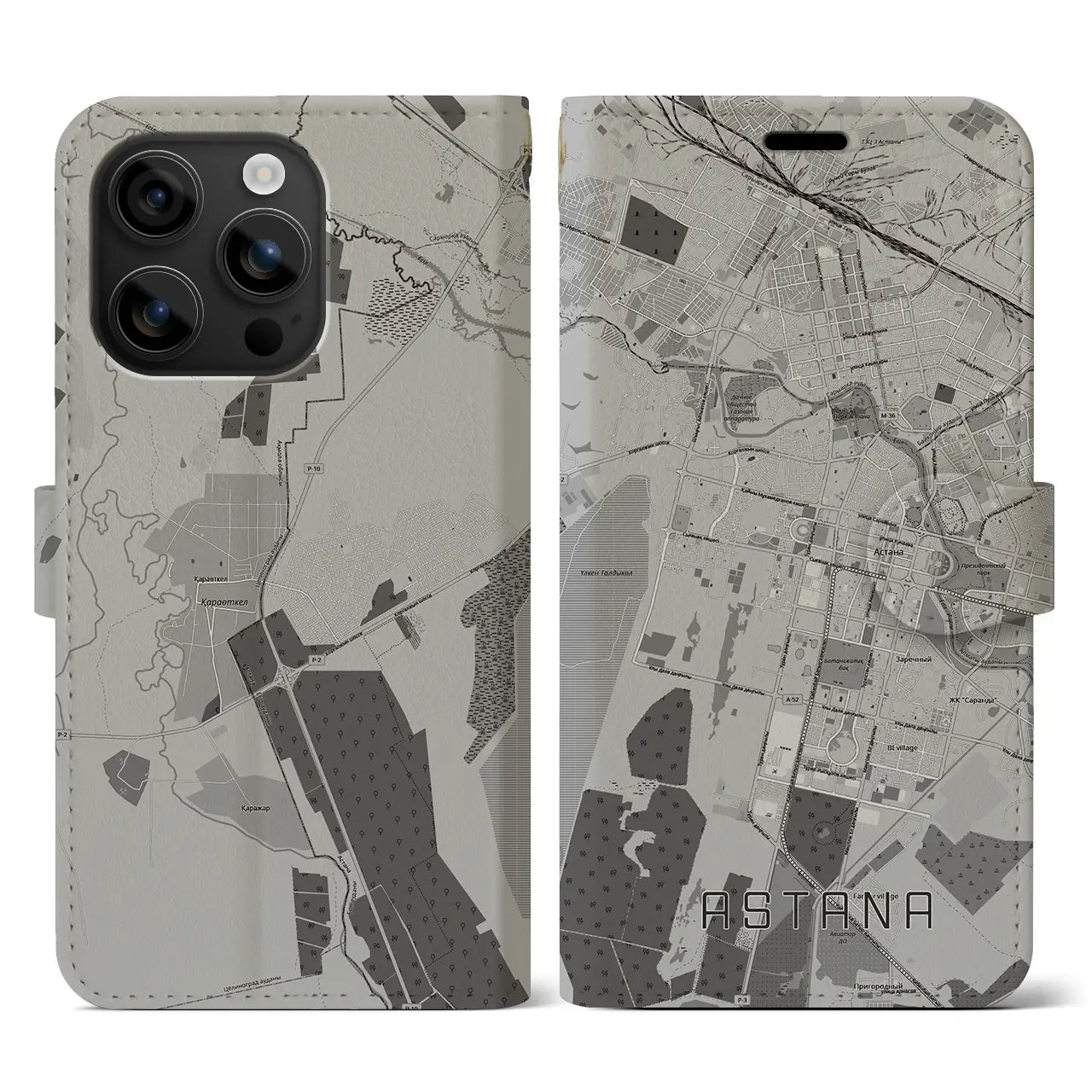 【アスタナ(カザフスタン)】地図柄iPhoneケース(手帳タイプ)モノトーン・iPhone 16 用
